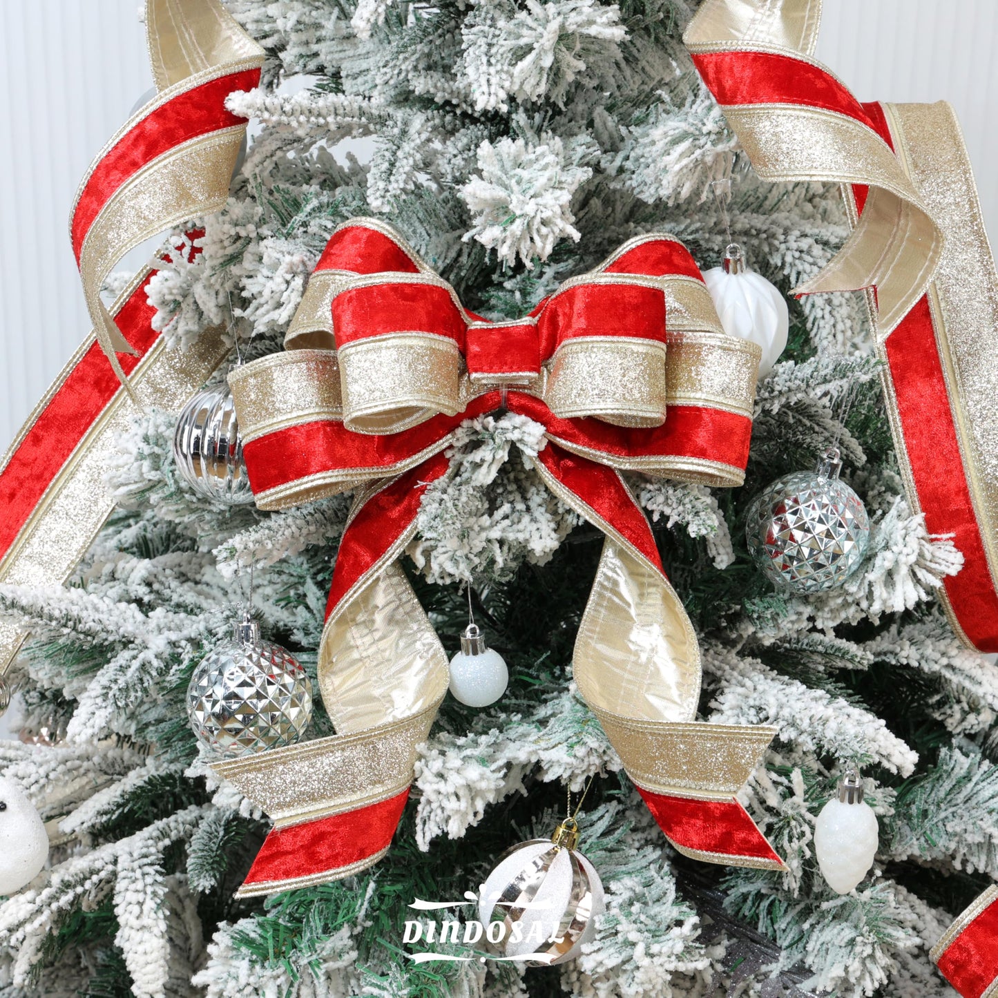 DINDOSAL Red Velvet Wired Ribbon 2.5 Inch x 10 Yards, Champagne Glitter Two Tone Christmas Ribbon for Tree, Wreaths, Bows, Garlands, Gift Wrapping, Holiday Decor