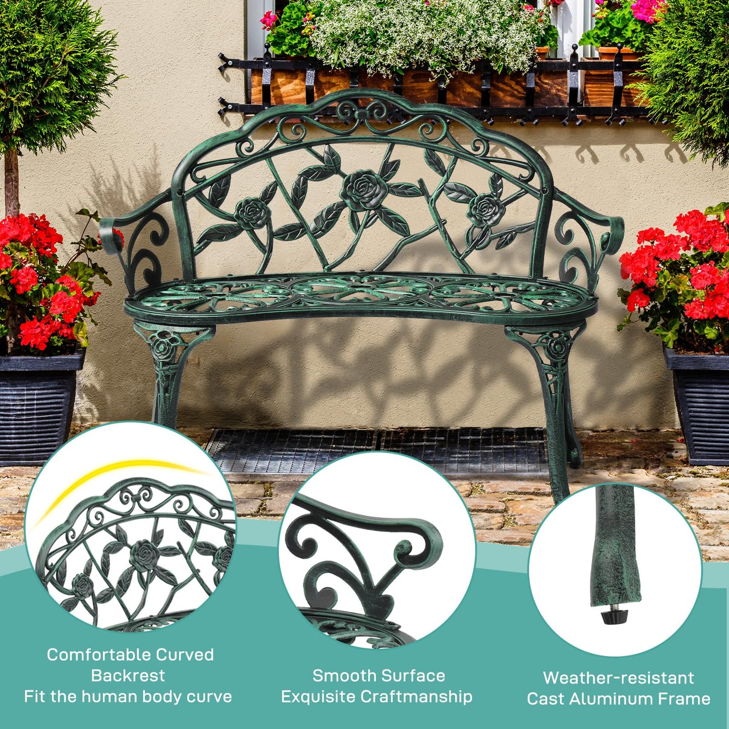 Outvita Outdoor Bench, 38"" Cast Aluminum Garden Bench Anti-Rust Weather Resistant Patio Bench Rose Pattern Bench for Front Porch, Backyard, Lawn, 1, Green