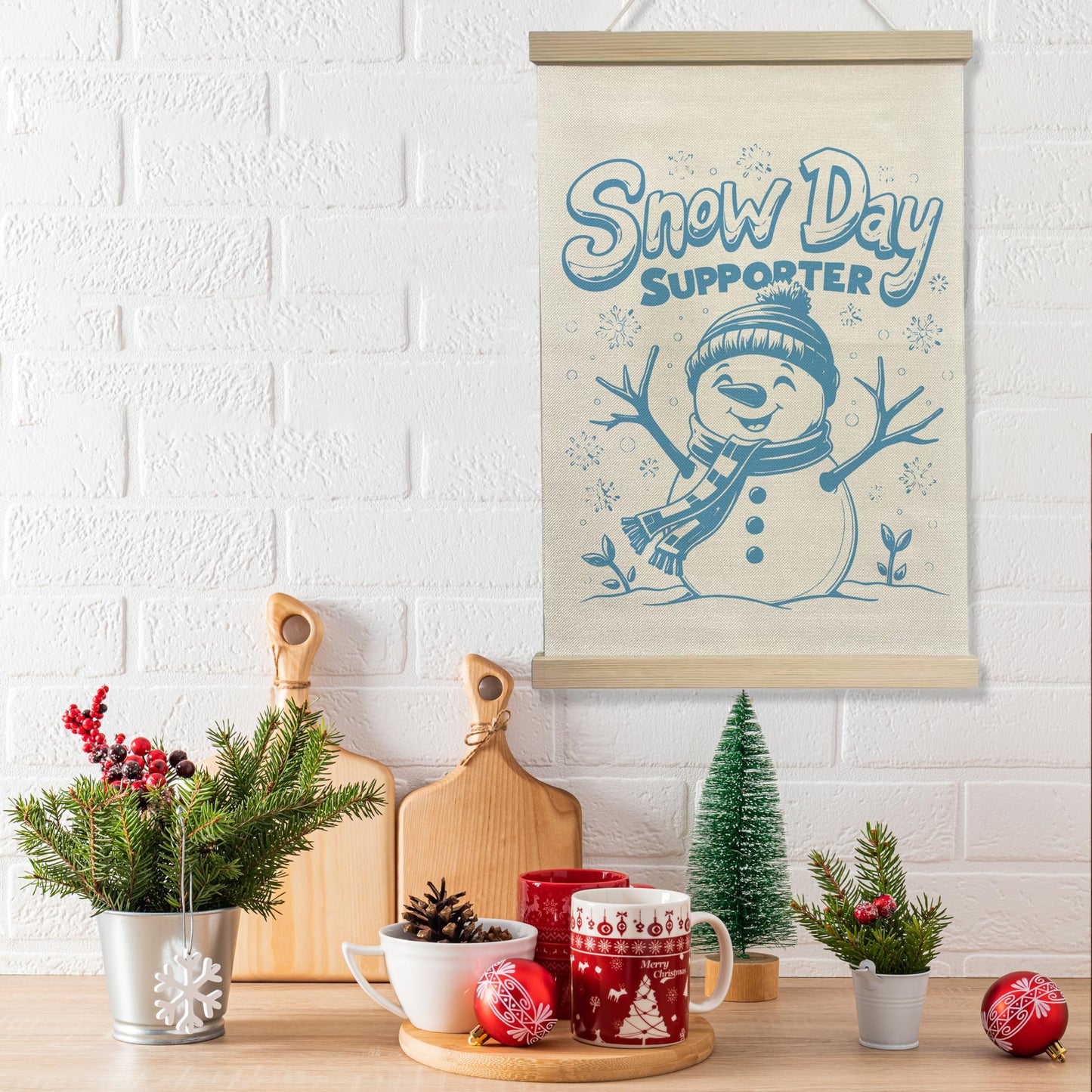 NQDWX Cute Snowman Snow Day Supporter Wall Art Sign, Canvas Hanging Wall Flag Poster Hanger Frame for Christmas Winter Holiday Home Bedroom Office 12x17 Inches.(216)