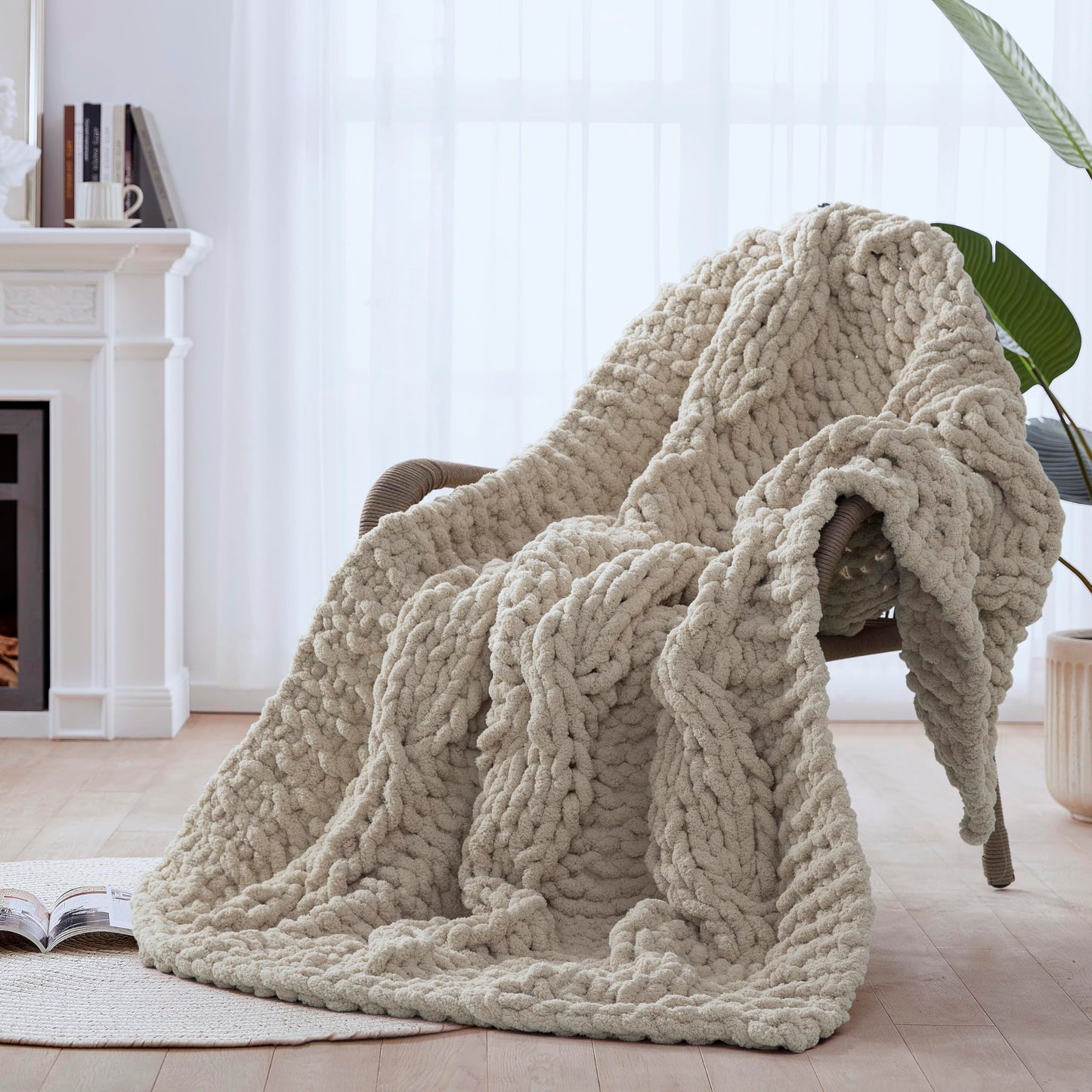 CLOUDS HUG Chunky Knit Blanket Throw - 100% Hand Knitted Thick and Warm Throw for Winter, Linen, 50x60 Inches, Crochet