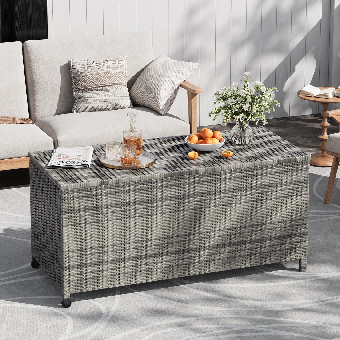 125 Gallon Large Deck Box Waterproof PE Rattan Outdoor Storage Box with Handles and Wheels, Storage Bin for Garden, Balcony, Porch, Pool, Yard