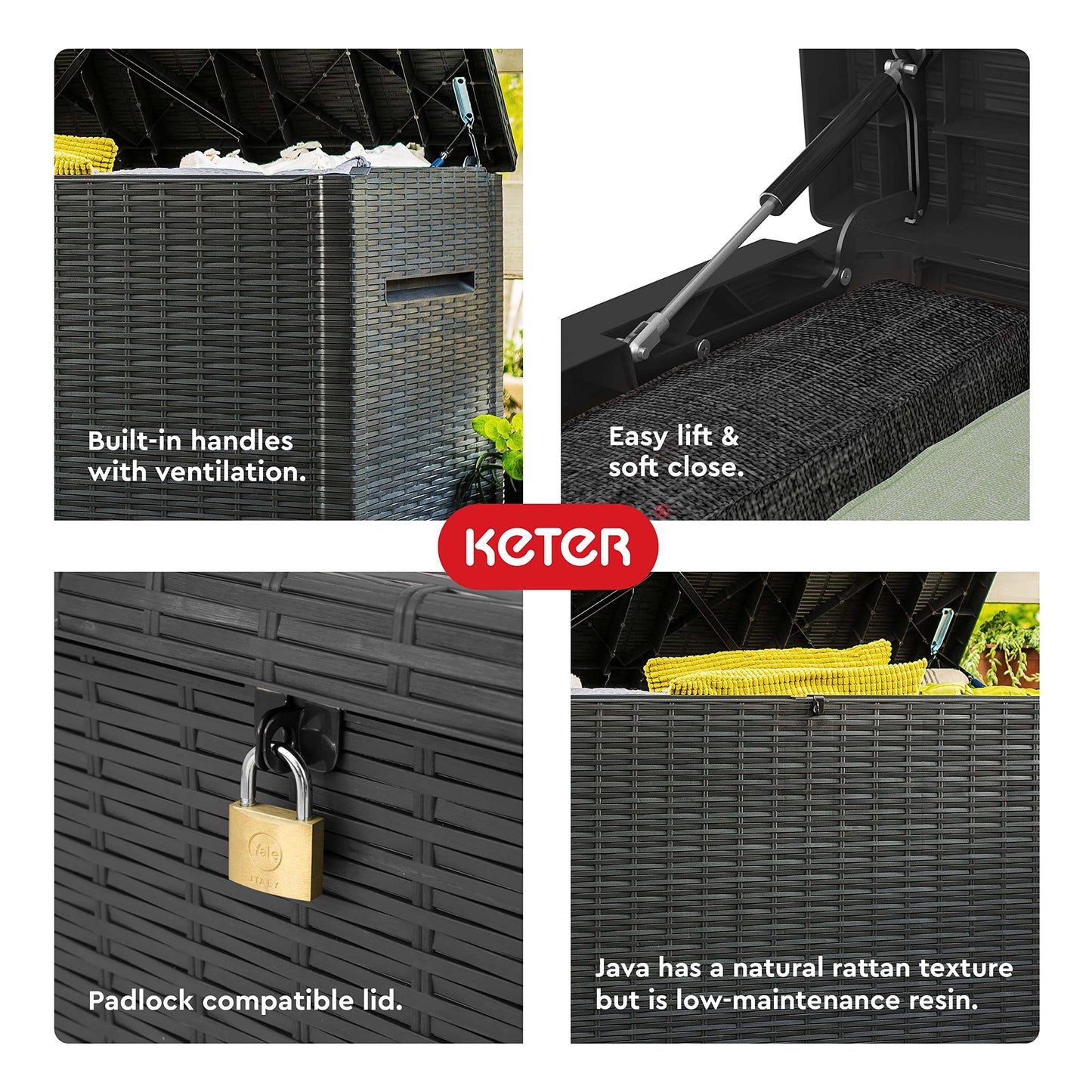 Keter Java XXL 230 Gallon Resin Rattan Look Large Outdoor Storage Deck Box for Patio Furniture Cushions, Pool Toys, and Garden Tools, Dark Grey