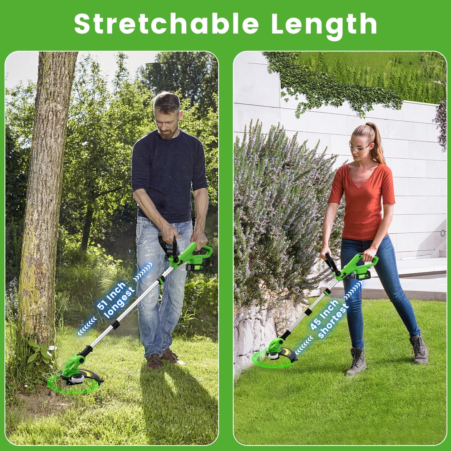 20V 12" Cordless String Trimmer With 2 X 4.0ah Battery and Charger, Electric Grass Trimmer Battery Powered Eater String, Edger Lawn Tool Grass Cutter With 8pcs Line, Lawn Mover For Yard, Garden, Green