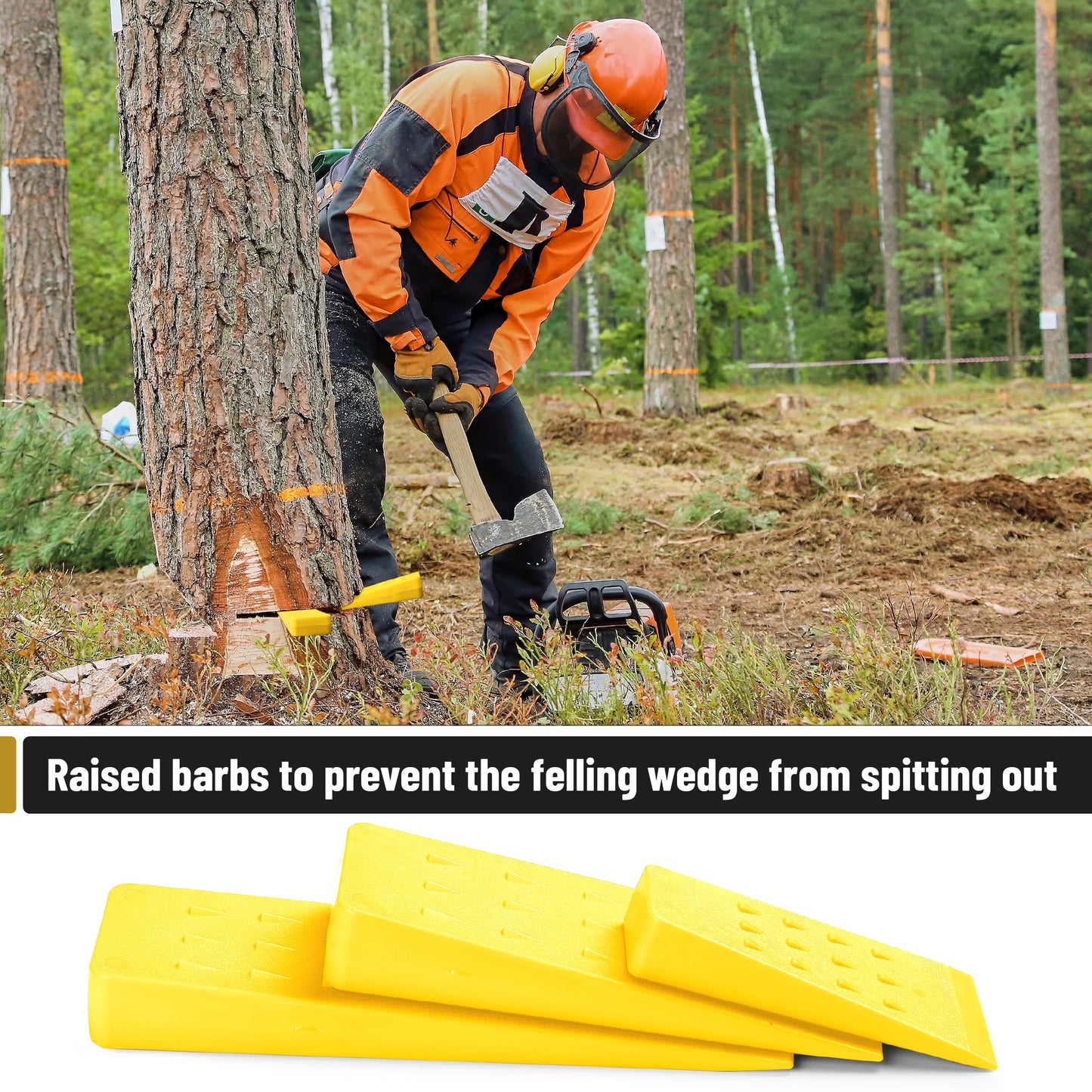 UNCO- Tree Felling Wedges with Spikes, 6 pcs, 5.5", 8" & 10", Yellow Wedges with Storage Bag, Splitting Wedge, Plastic Wedges for Tree Cutting, Logging Tools and Equipment, Chainsaw Wedges for Trees