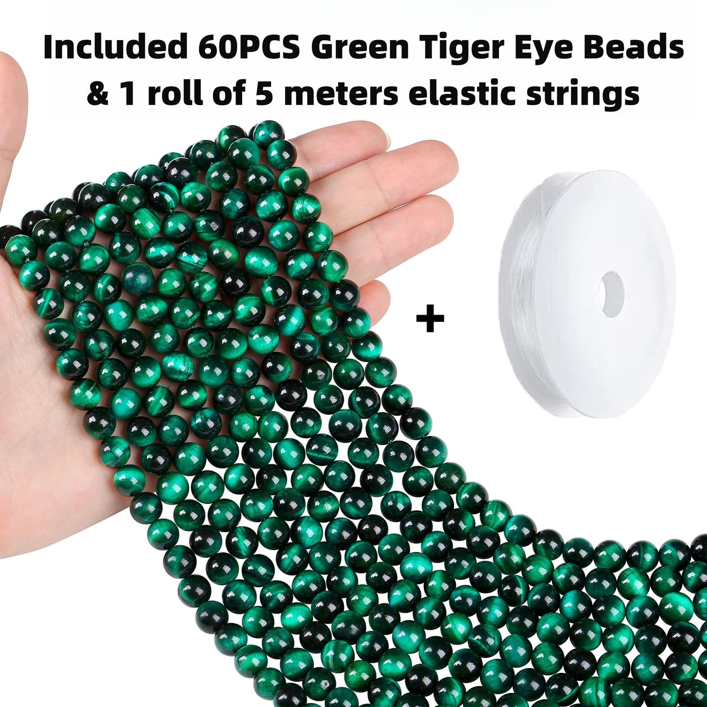 QINJIEJIE 60PCS Green Tiger Eye Beads 8mm Stone Beads Round Loose Gemstone Bead for Bracelet Beading Crystal Jewelry Making DIY Necklace Earrings 0.32"