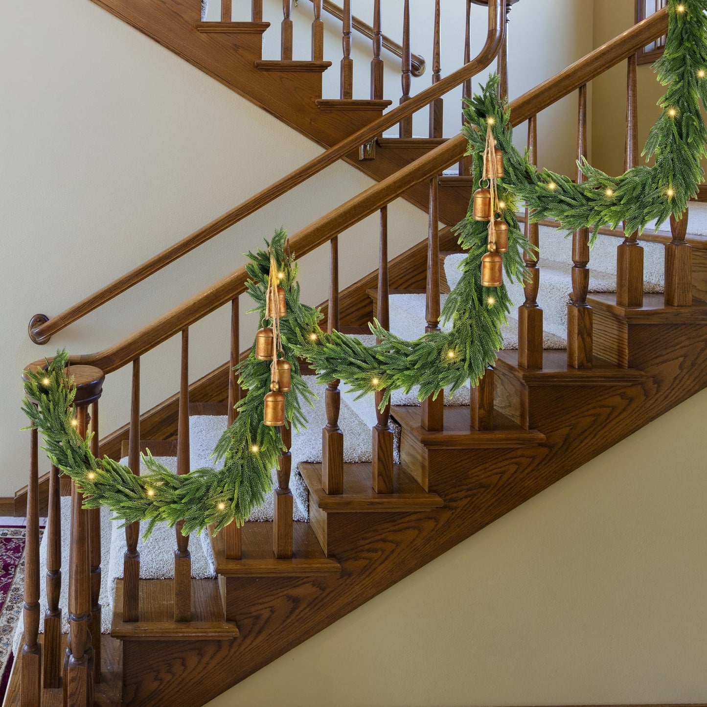Fovths 9 Ft Christmas Garlands with Lights and Bells Real Touch Norfork Pine Garland Artificial Greenery Garlands for Christmas Mantle, Table Indoor Outdoor Decorations, Green