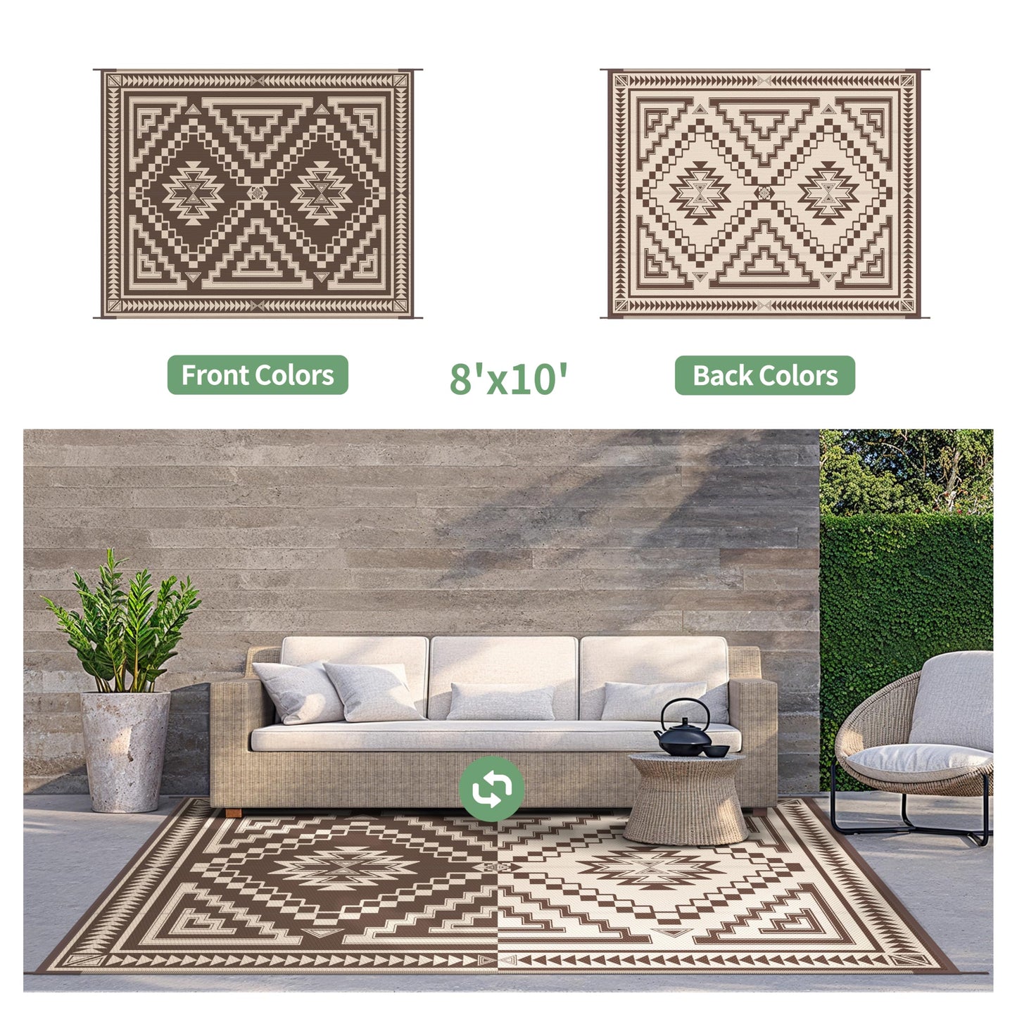 GENIMO Outdoor Rug for Patio Clearance - 8x10 ft Waterproof Plastic Camping Rugs, Reversible Outside Rv Mat Carpet for Porch, Deck, Picnic, Balcony, Beach, Backyard, Coffee Beige