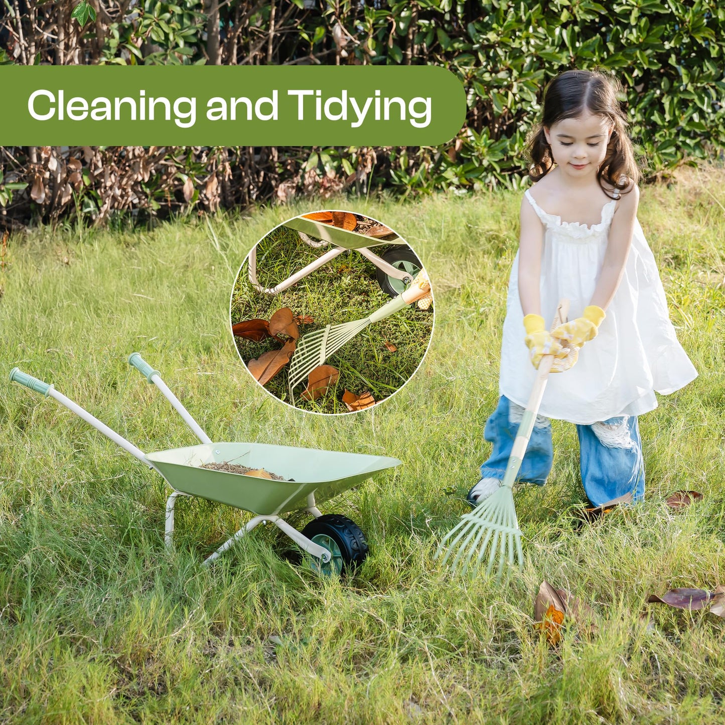 ROBOTIME Kids Wheelbarrow Set, 5PCS Kids Gardening Tool Set with Metal Toy Wheelbarrow, Shovel, Hoe, Broom & Gloves, Outdoor Yard Play for Planting, Sand, Leaves & Snow Fun, Gifts for Toddler 3+
