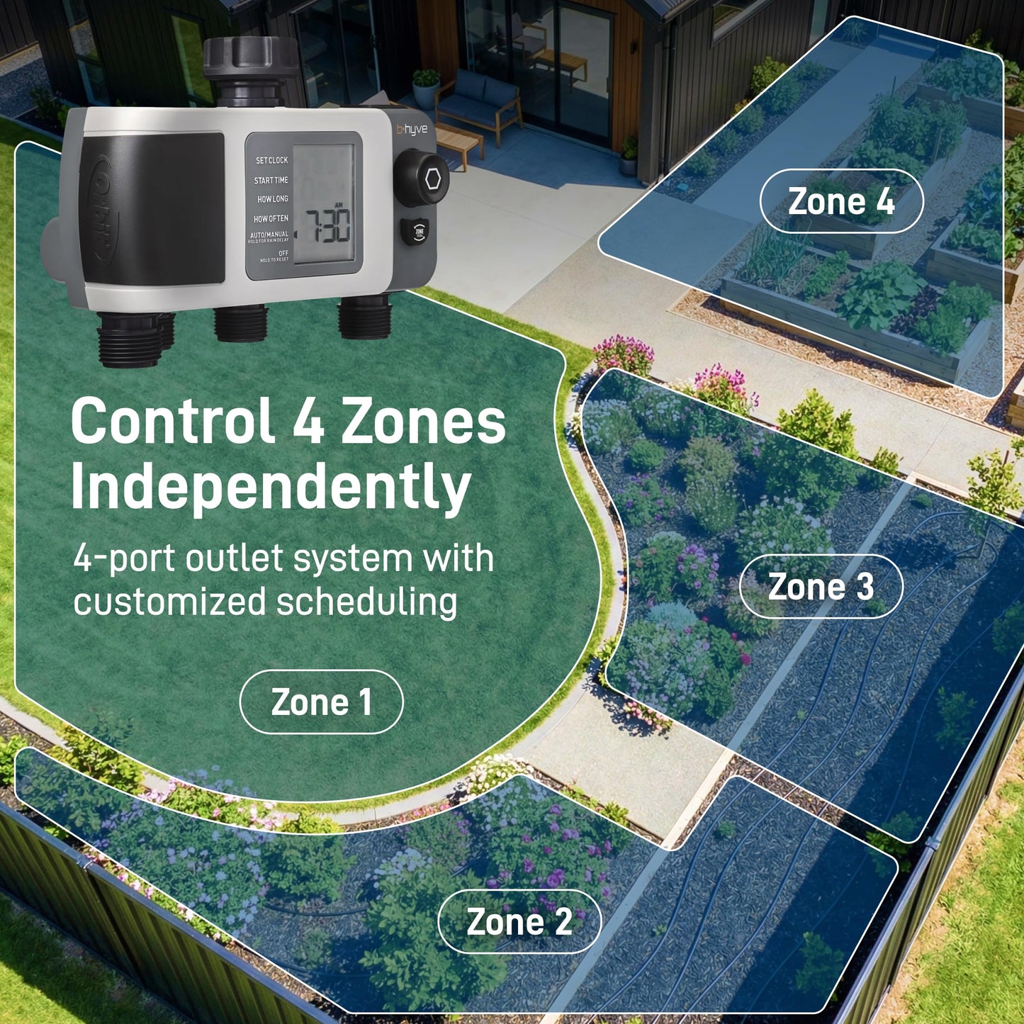 Orbit B-hyve XD 4-Port Smart Hose Watering Timer - App Controlled - Smart WeatherSense - Bluetooth Sprinkler Timer with Remote Control - Multi Outlet Yard Irrigation System - 24634