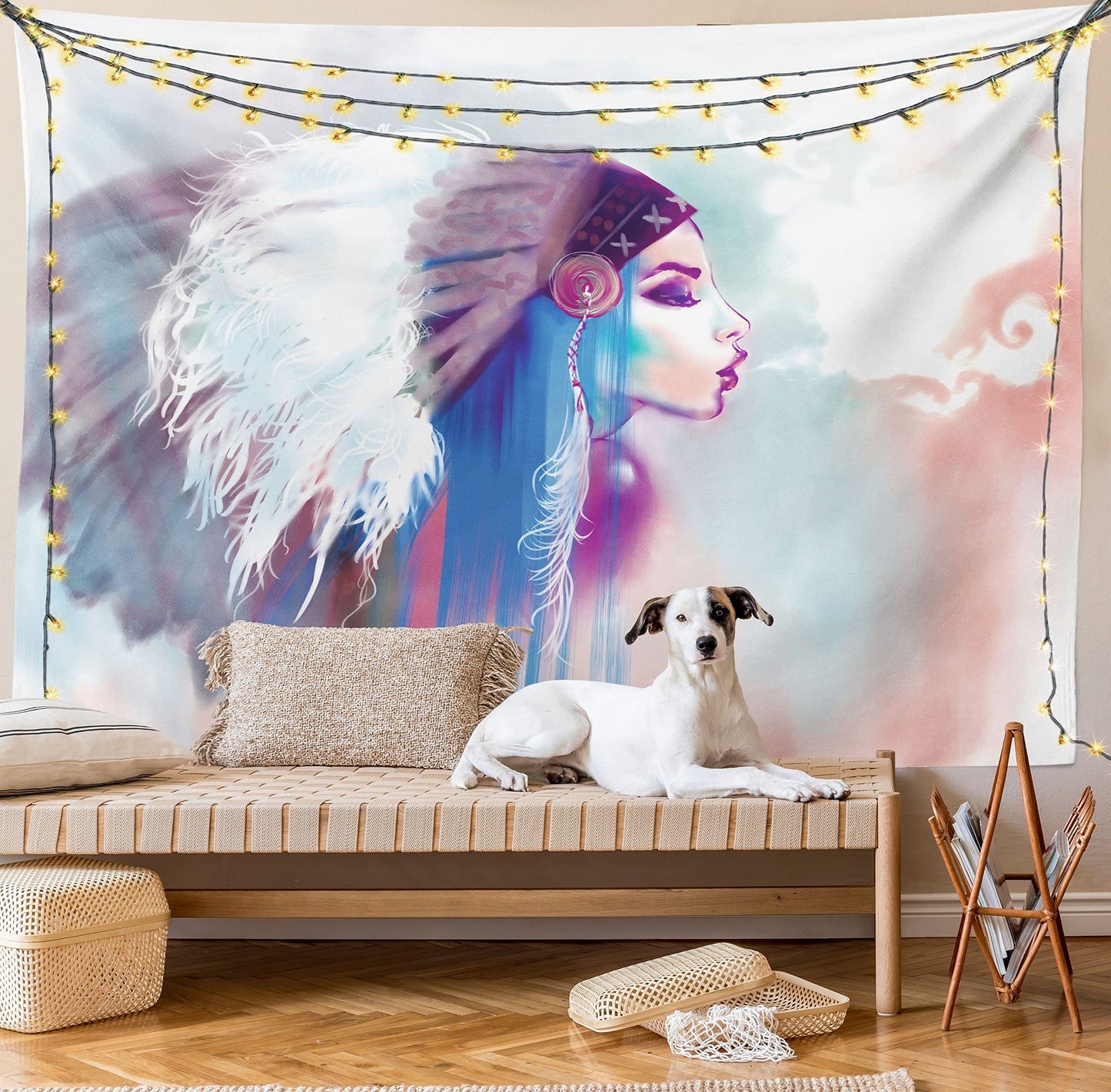 Ambesonne Tribal Tapestry, Girl Smoking Traditional Clothes Abstract Watercolor Background Illustration, Wide Wall Hanging for Bedroom Living Room Dorm, 60" X 40", Multicolor Purple