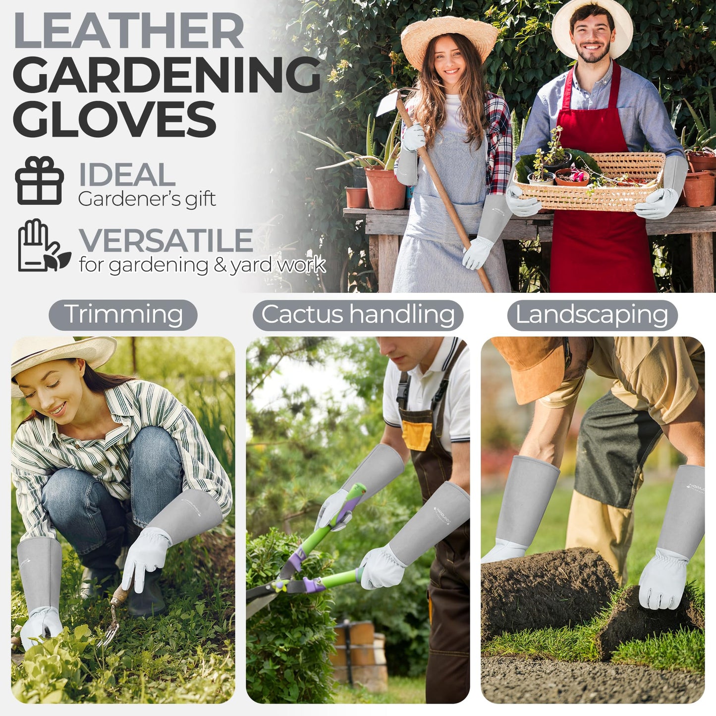 HANDLANDY Long Gardening Gloves for Men & Women, Thorn Proof Rose Pruning Gloves Leather Gauntlets Garden Glove Yard Work Glove (Silver Gray, Large)