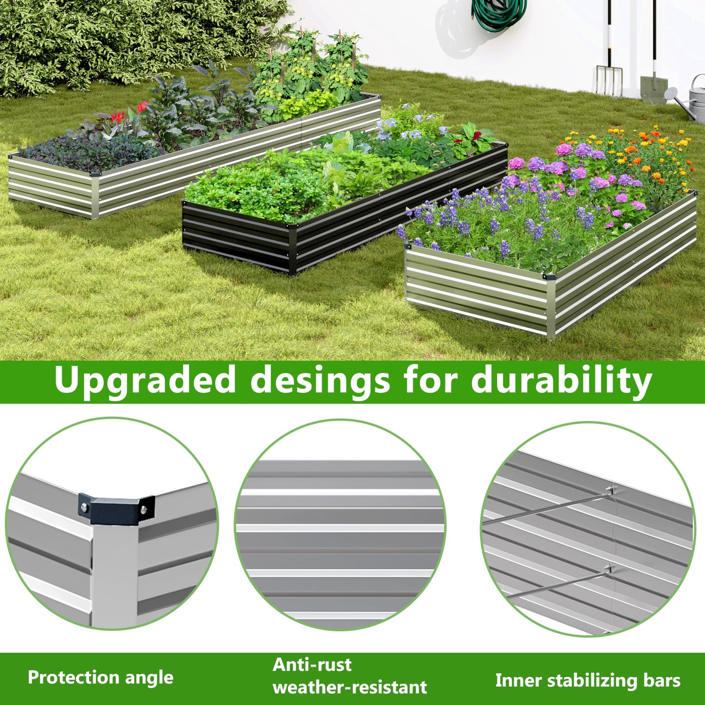 Easllre 2PCS 8x4x1ft Galvanized Raised Garden Bed,Outdoor Planter Box Metal Patio Kit Planting Bed for Vegetables Flowers Herb,Silver