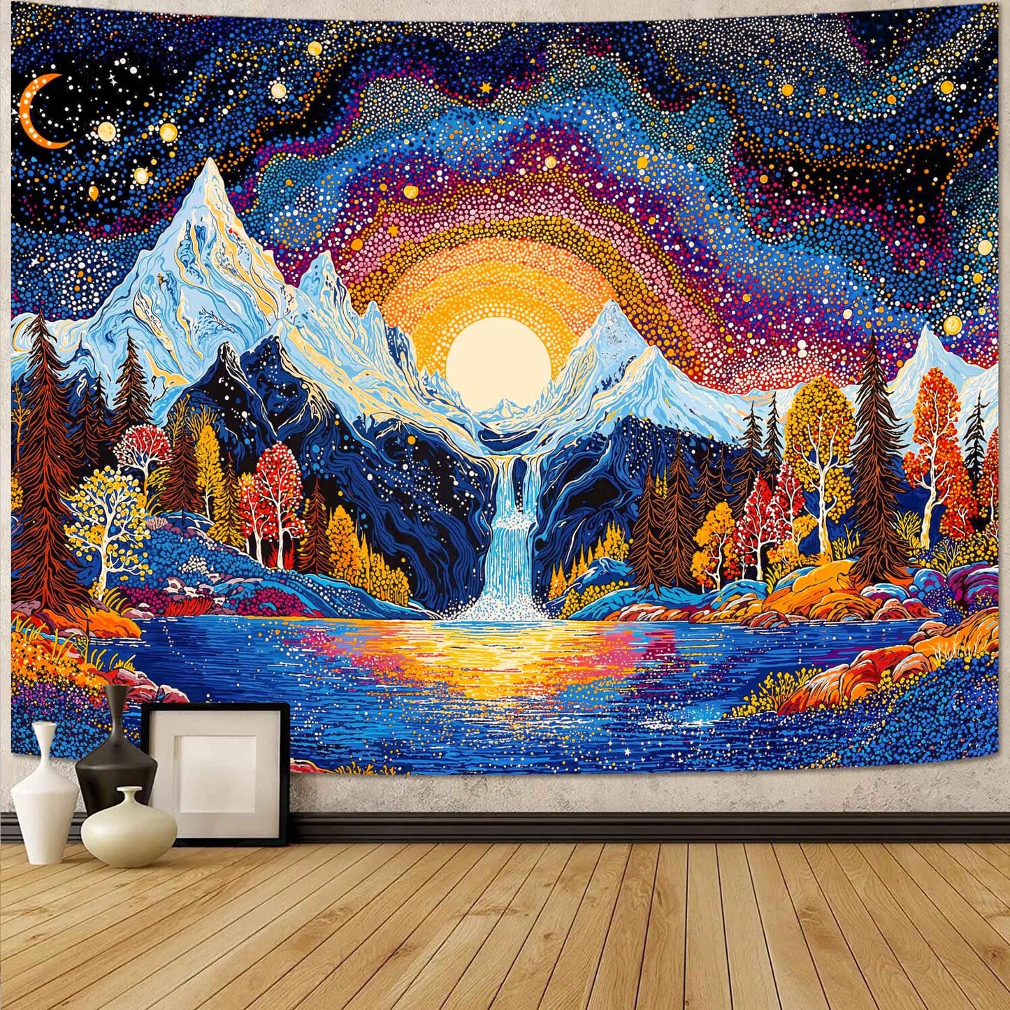 Lunerfex Starry Mountain Waterfall Sunrise Wall Tapestry, Trippy Cosmic Landscape Tapestries for Room Decor, Vibrant Tapestry 60x44 Inch