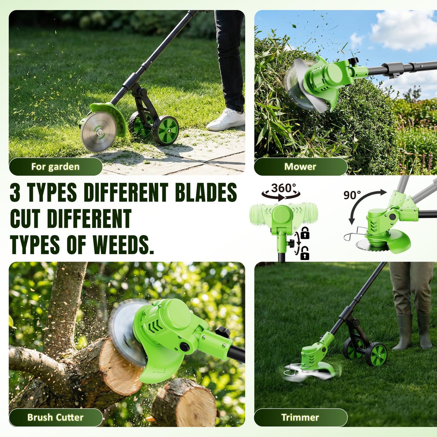 4-in-1 Cordless Weed Wacker with Wheels, 4000mAh Battery Powered Stringless Weed Eater, Brushless Grass Trimmer with 2 Batteries, 3 Blade, Adjustable Head, Lightweight Lawn Edger Brush Cutter