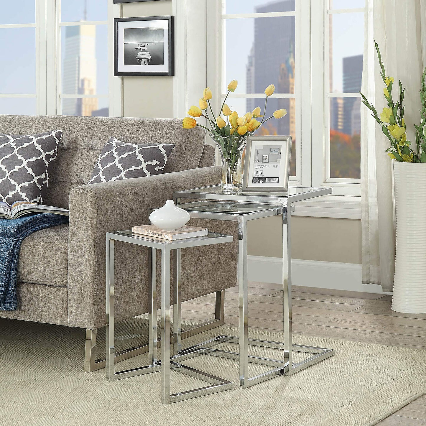 Carolina Classic Addison Powder Coated Metal Frame Nesting Table Set in Chrome