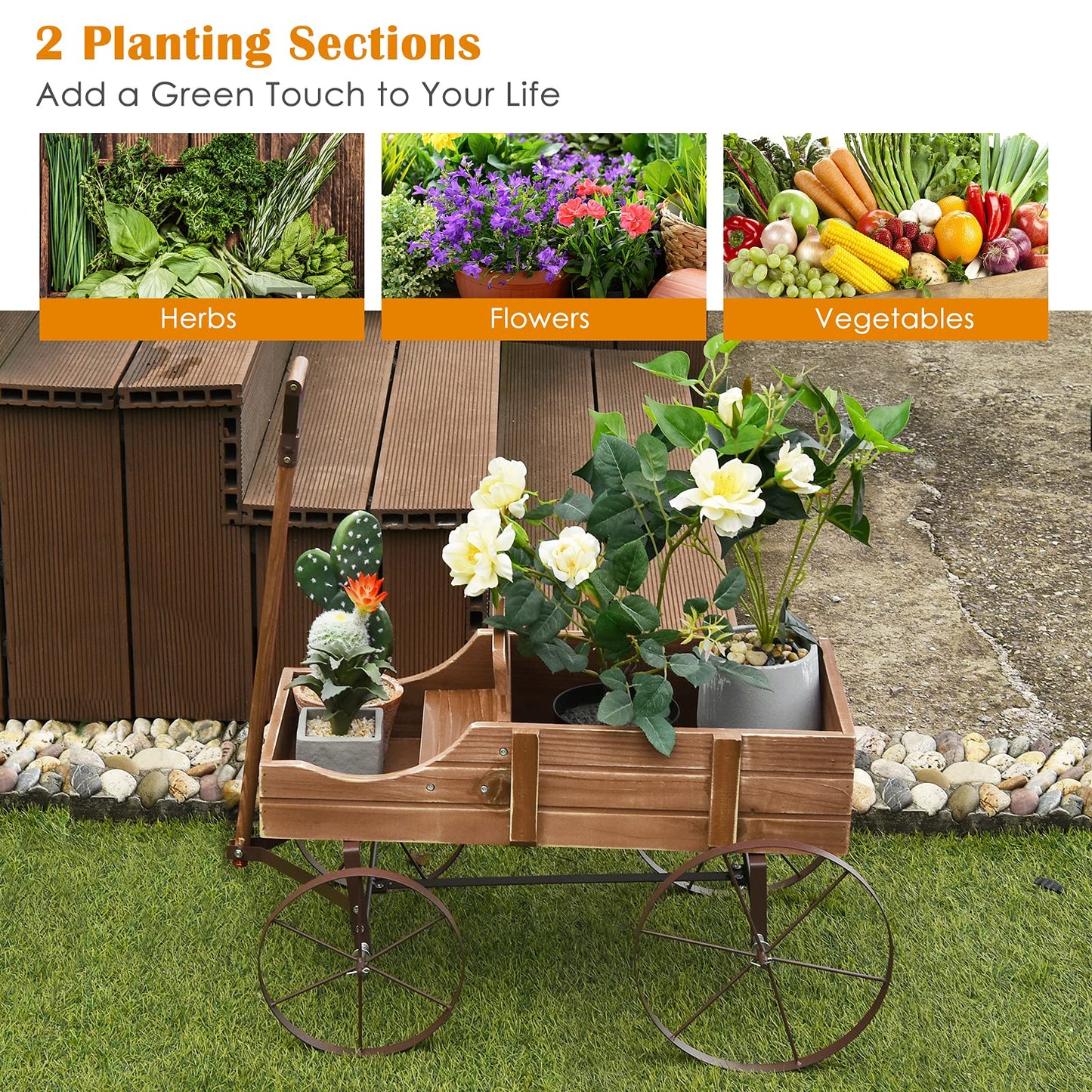 Goplus Wagon Planter, Decorative Wooden Garden Planter with Wheels, 2 Planting Sections and Adjustable Handle, Indoor Outdoor Backyard Balcony Decor (Brown)