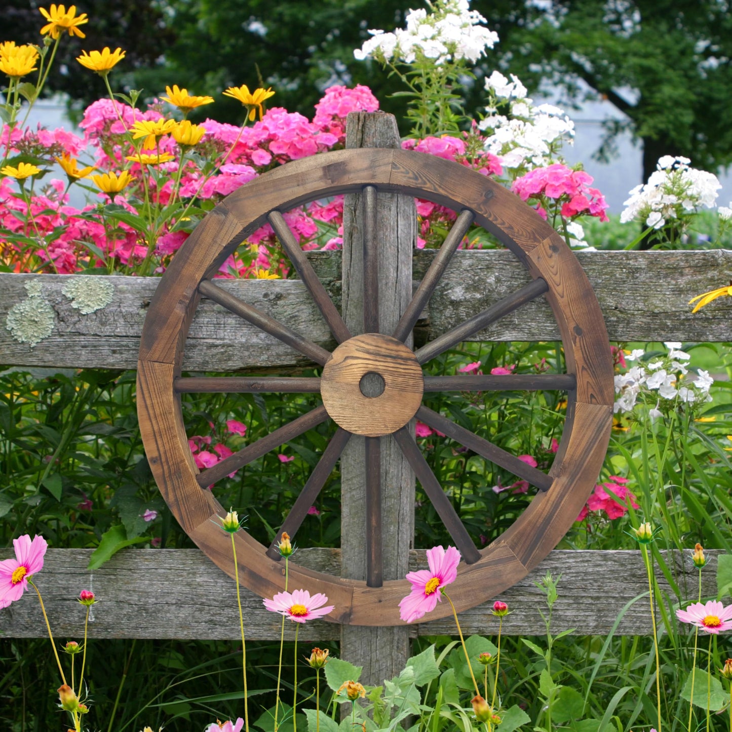 Rustic Western 24" Wood Wagon Wheel Decor, Fully Painted 1.2" Thick Farmhouse Country Barn Wall Art, 12-Spoke Sturdy Wood with Protective Coating for Indoor & Outdoor Display, Great Holidays Gift | Western Wall Art