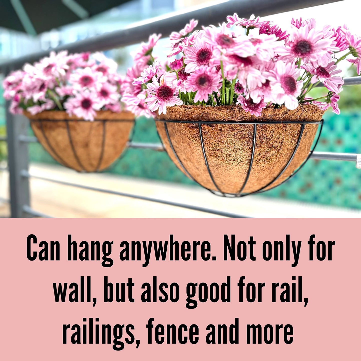LaLaGreen Wall Planters for Outdoor Plants (2 Pack, 14 Inch) Large Hanging Planter with Coco Liner, Metal Round Wire Flower Basket Outside Fence Railing Plant Pots Holder Deck Porch Balcony Decor