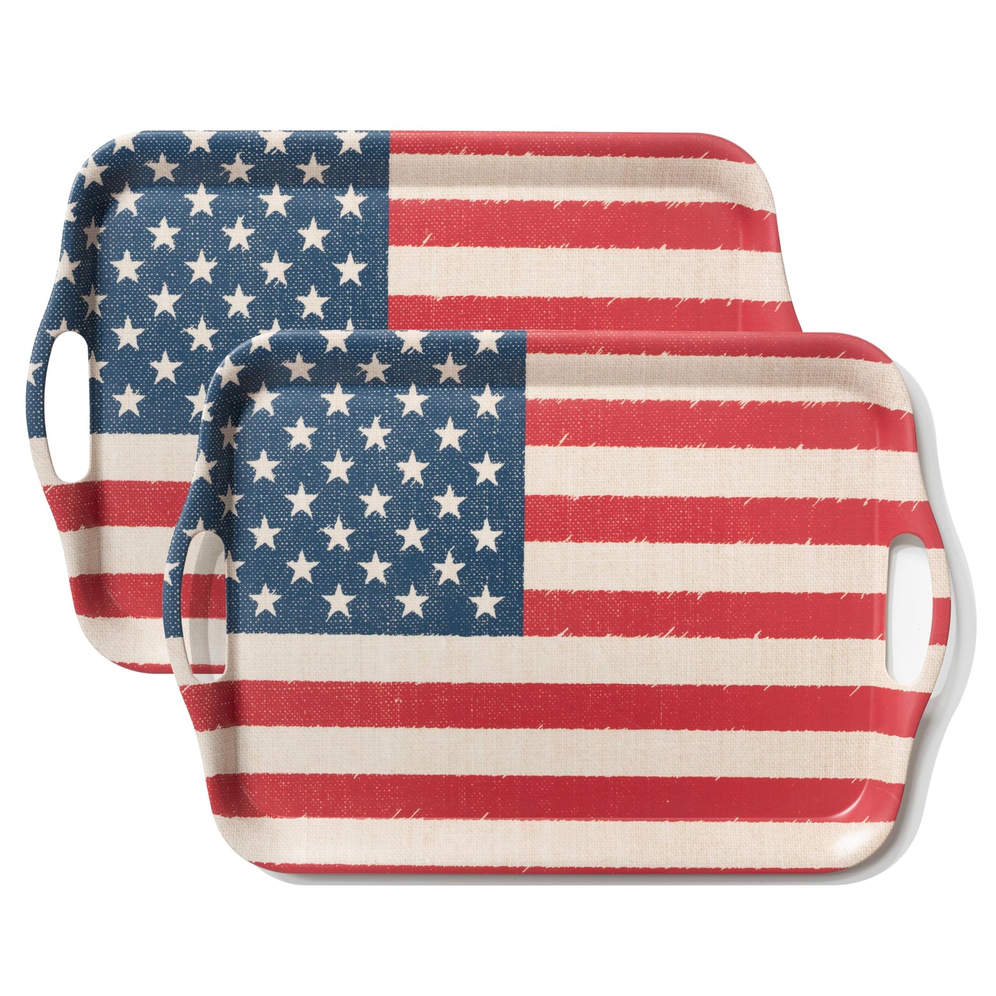 KINGEN 2-Pack Patriotic Bamboo Fiber Serving Trays - 18×13-inch Extra Large w/Handles Tray, Stars & Stripes Platters for 4th of July, Christmas, Birthday, BBQ, Party - Red, White & Blue Decor