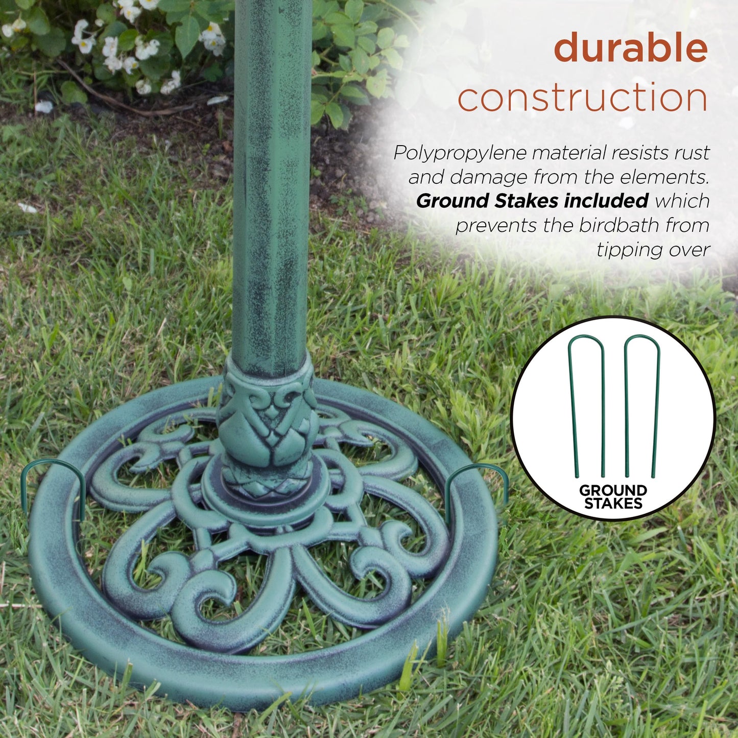 Alpine Corporation TEC116 Outdoor Aged Green Pedestal Birdbath with Scrollwork, 28" Tall, Green