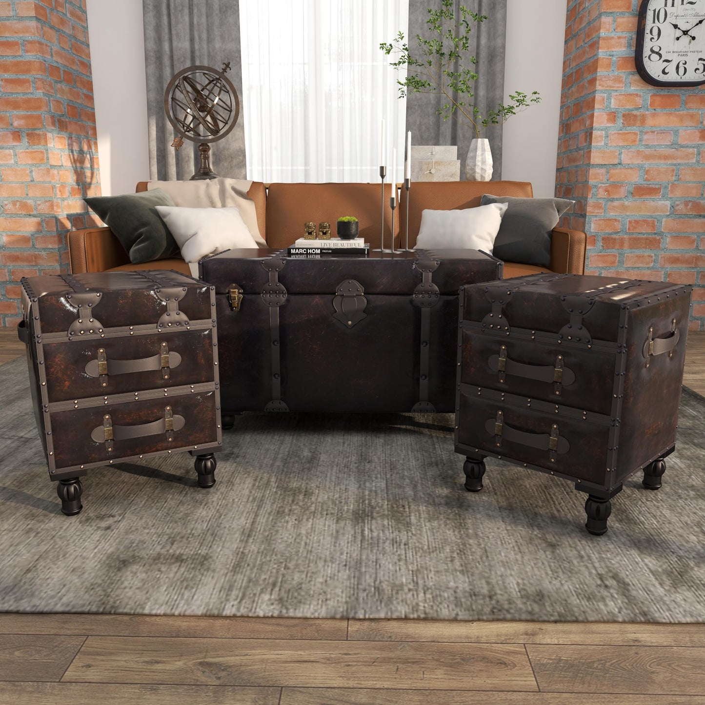 Deco 79 Faux Leather Home Bench Vintage 4 Drawer Entryway Benches with Faux Leather Straps and Studs, Set of 3 Bedroom Benches 37", 16", 16"W, Brown