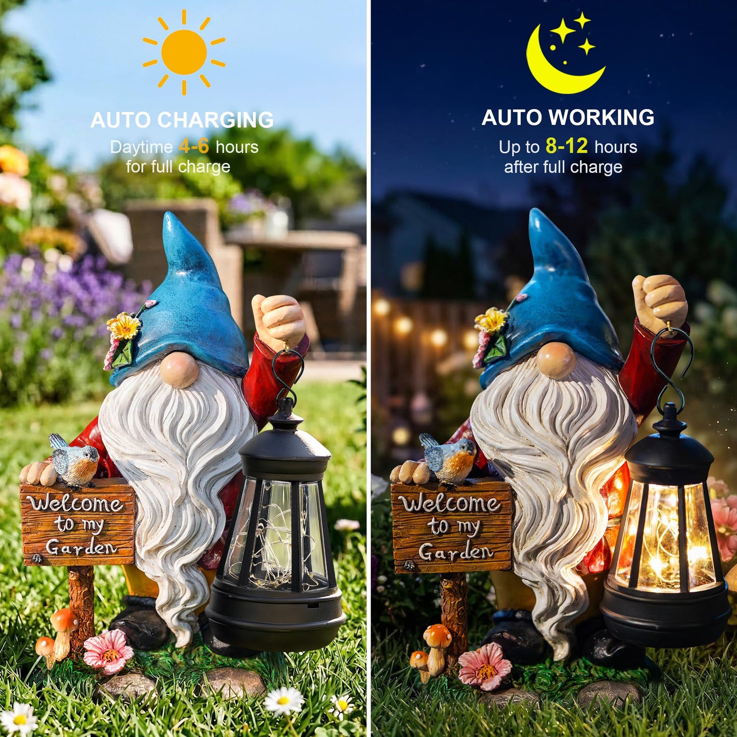 ZQQLITE Garden Gnome Statues Figurine Lights - Solar Powered Lighting Outdoor Decorations with Lantern & Welcome Sign, Yard Art Lawn Ornaments for Porch Patio Balcony - Gnome Gifts for Women Mom