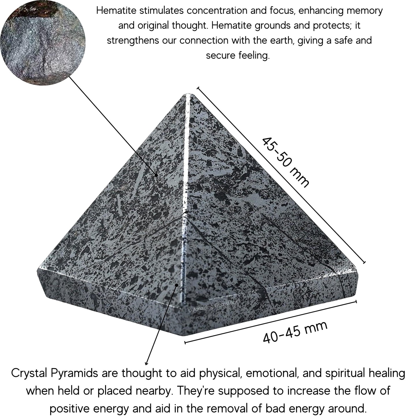 Amazing Gemstone Hematite Pyramid Crystal Healing Stones - 2" Great Pyramid Figurine of Natural Stone Pyramid for Meditation, Reiki, Chakra Balancing and Crystal Pyramids Grid