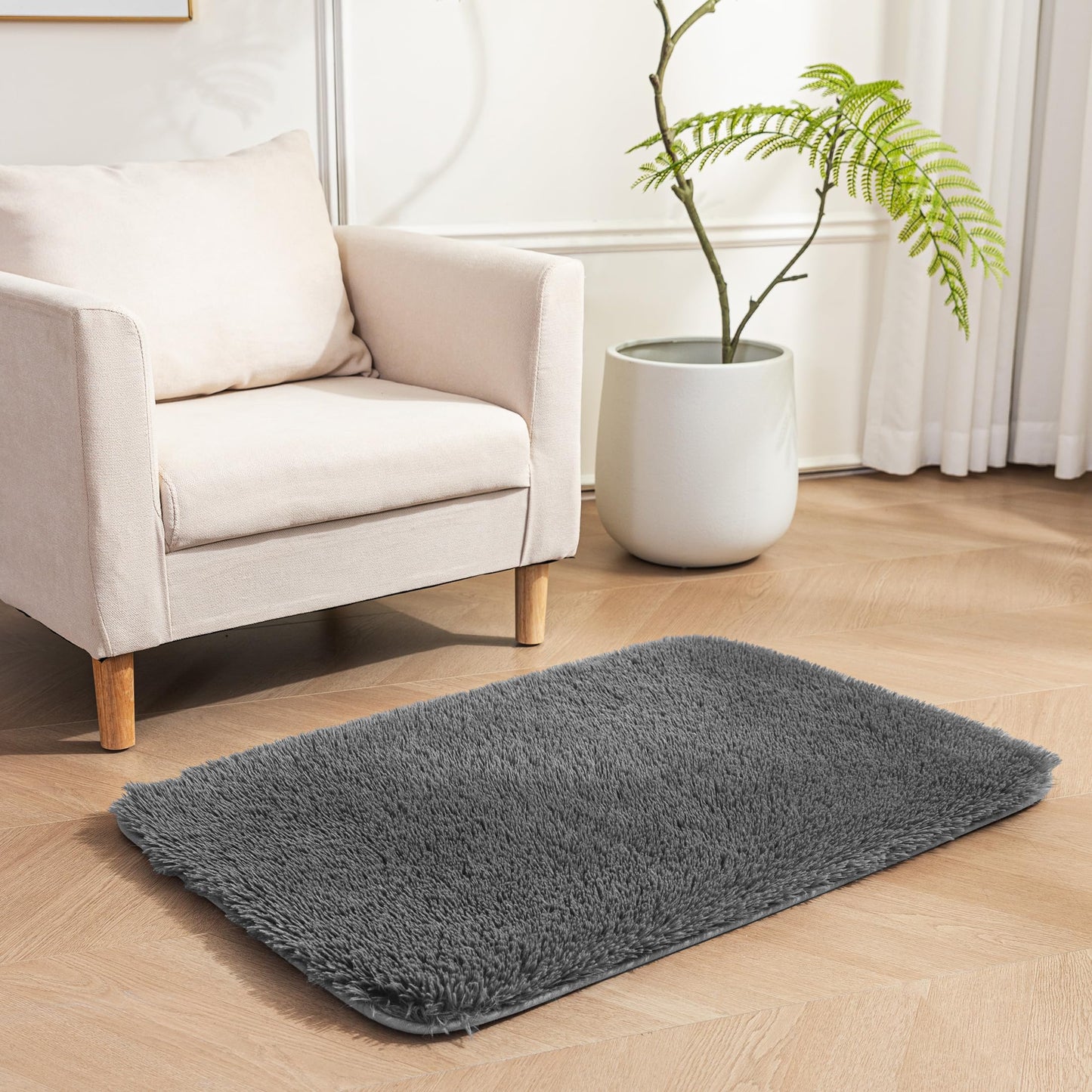 Amazon Basics Fluffy Washable Area Rug, Bedside Shaggy Carpet for Door Entryway, Living Room and Bedroom, 2' W × 3' L, Dark Gray