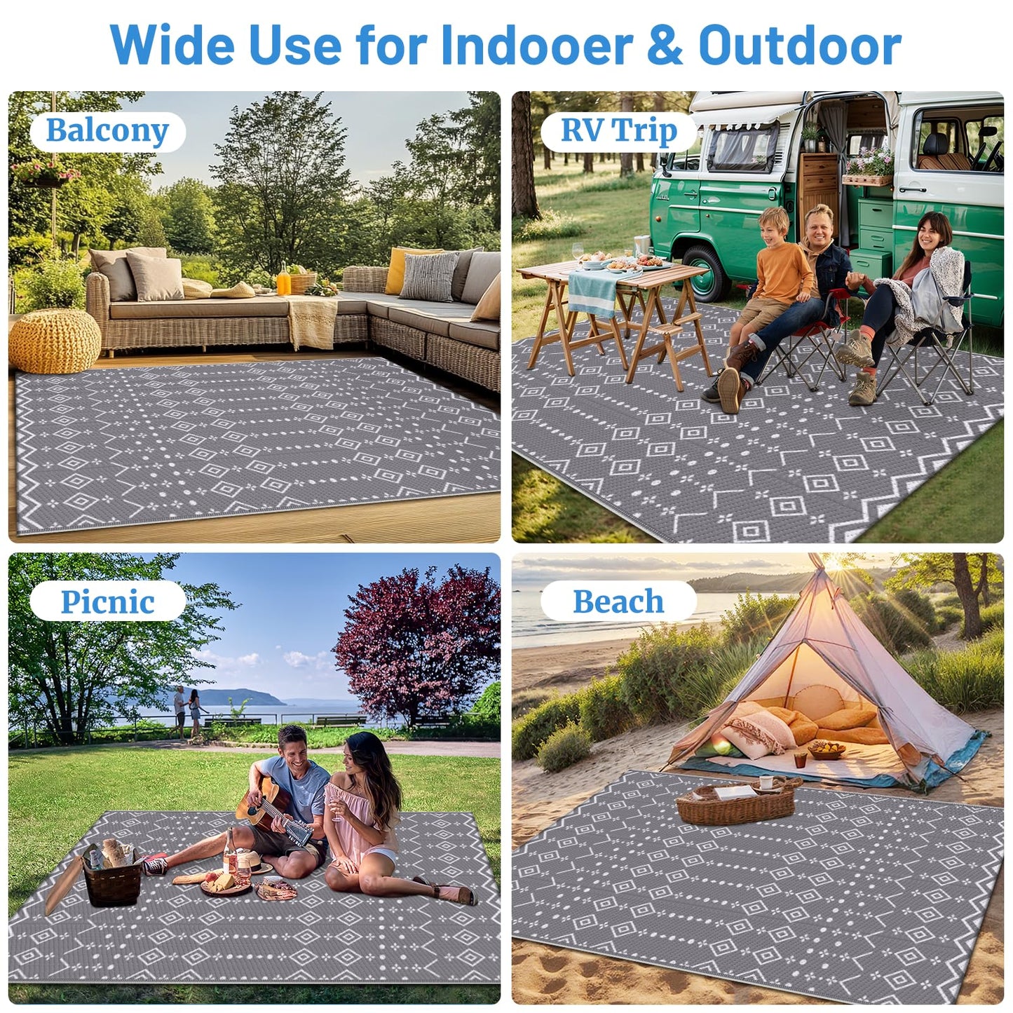 StepRite 5’ x 8’ Reversible Outdoor Rug, Waterproof Plastic Straw Rug, Patio Rug, Large Modern Area Rug Carpet, Indoor Outdoor Rugs for Camping, Porch, Deck, Balcony, Backyard, RV, Picnic(Grey)