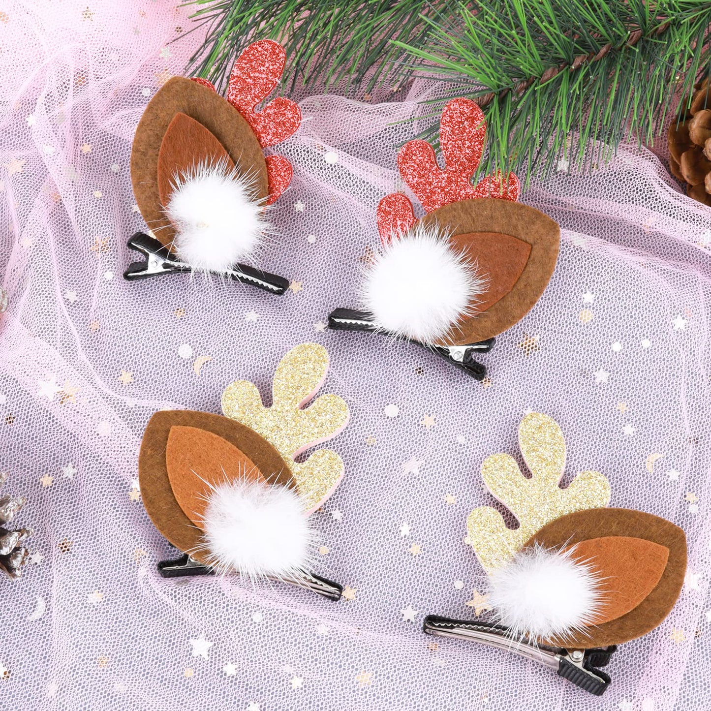 WLLHYF 4PCS Christmas Hair Clip, Cute Xmas Reindeer Antler Hairpin Girl Women Hair Clips Xmas Hair Barrettes with Pom Balls Deer Ear Hair Accessories Festive Party Cosplay Gifts