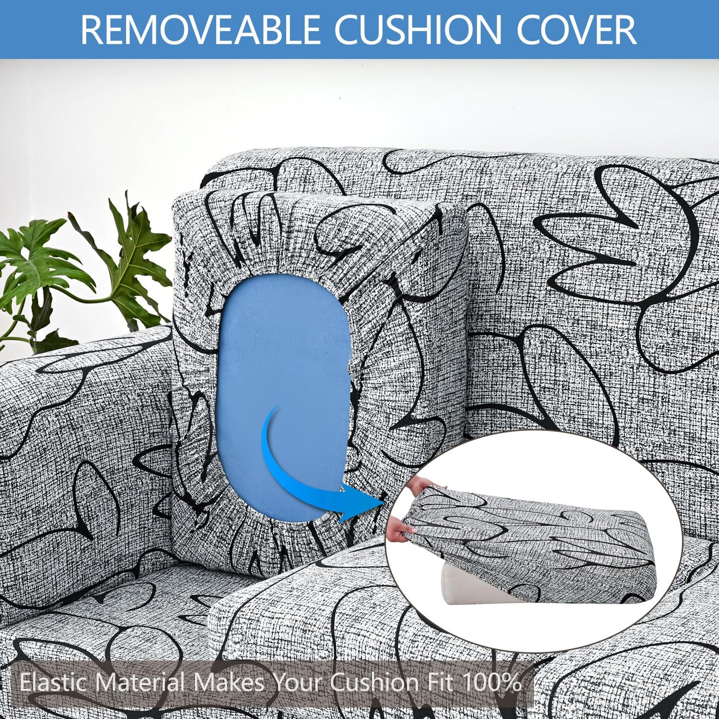 Keyroal Stretch Printed Sofa Cover Couch Covers, 2-Piece Armchair Cover with Separate Cushion Cover, Washable Soft Spandex Furniture Protector for Living Room(Armchair, Grey Lotus)