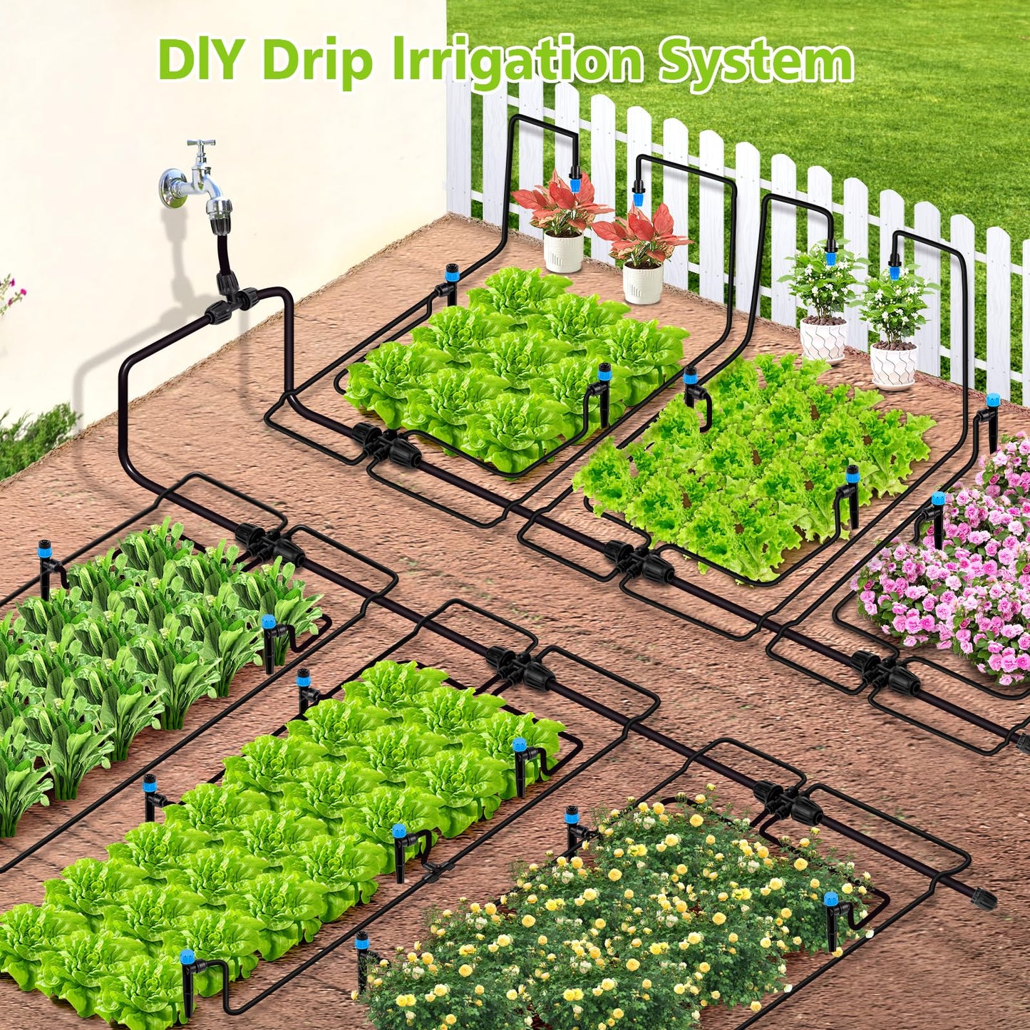 Kafuzi 230FT New Quick-Connect Drip Irrigation System Kit, Automatic Garden Watering Misting System for Greenhouse, Yard, Lawn, Plant with 1/2 inch Hose 1/4 inch Distribution Tubing and Accessories