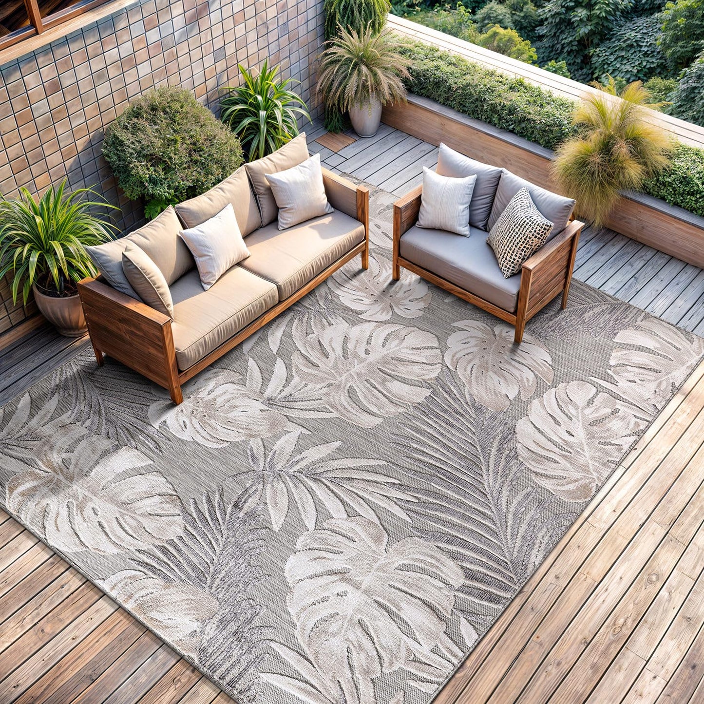 CAMILSON Indoor Outdoor Rug, Beige 6’x9’ Leaf Tropical Botanical Area Rugs for Indoor and Outdoor patios, Easy-Cleaning Non-Shedding Living Room, Garden and Kitchen Washable Outside Carpet (6x9)
