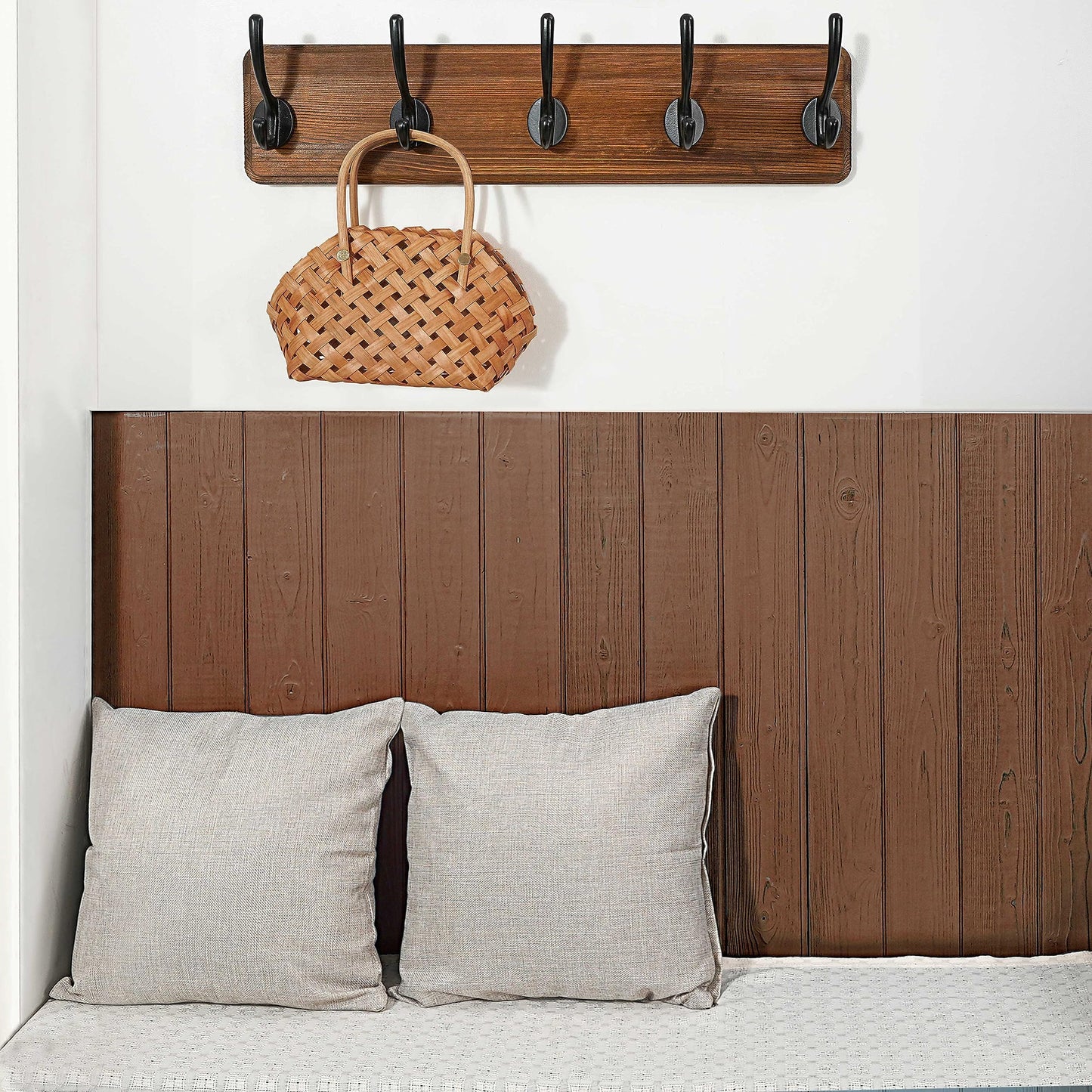 WEBI Coat Rack Wall Mount,Coat Hooks Wall Mounted,16" Hole to Hole,Coat Hanger Wall,Hook Rack Rail,5 Hooks for Hanging Jacket,Clothes,Hats,Rustic Brown