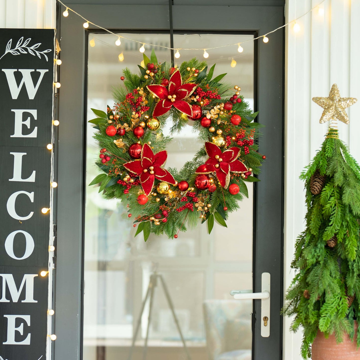 Christmas Wreaths for Front Door- 24 Inch Outdoor Prelit Christmas Door Wreath with Lights, Lighted Xmas Wreath with Poinsettia Flowers,Red Berries,Golden Ball- Home Christmas Decorations