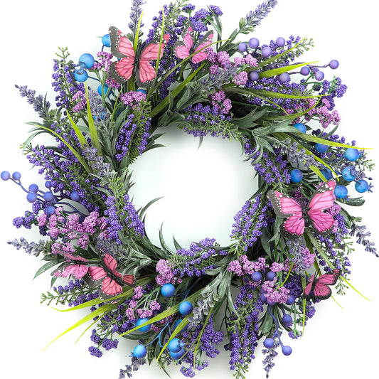 Lavender Wreaths for Front Door 18 Inch Spring Summer Wreath with Lavender,Berries, Butterflies,for Year-Round Use Indoors and Outdoors as Wall, Door, Window, Party and Wedding Decorations