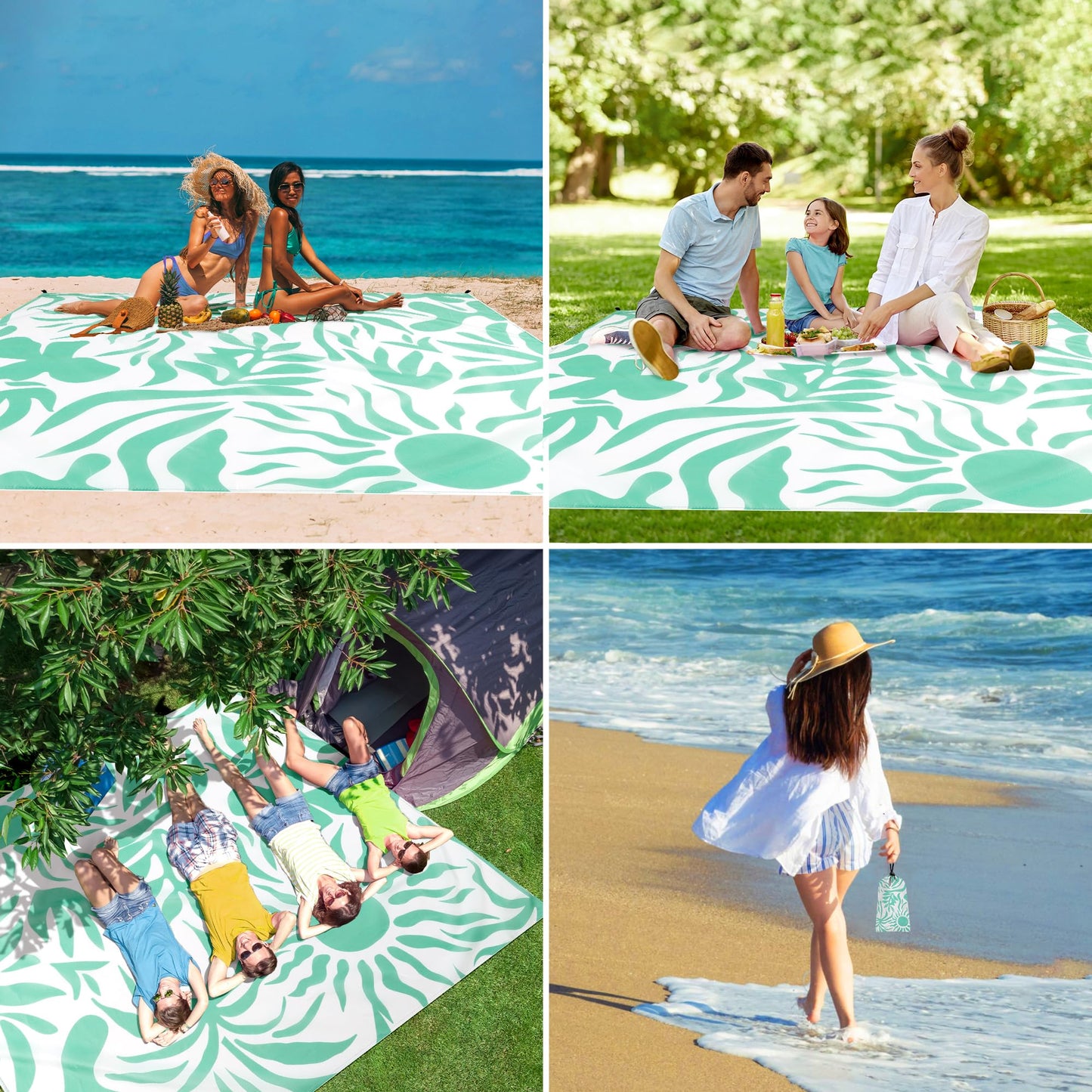 Shedoo Beach Blanket Waterproof Sandproof, 9 Ft X 10 Ft Extra Large Sand Free Beach Mat, Big Compact Lightweight Quick Drying Picnic Blanket with 4 Stakes & Pockets for Camping, Travel, Hiking
