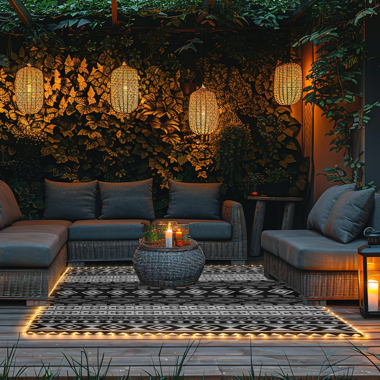 Pure Garden Outdoor Patio Rug with LED Lights - 8x10 Outdoor Rug - Plastic Straw Patio Mat Outdoor Waterproof Carpet - RV or Porch Decor (Gray)