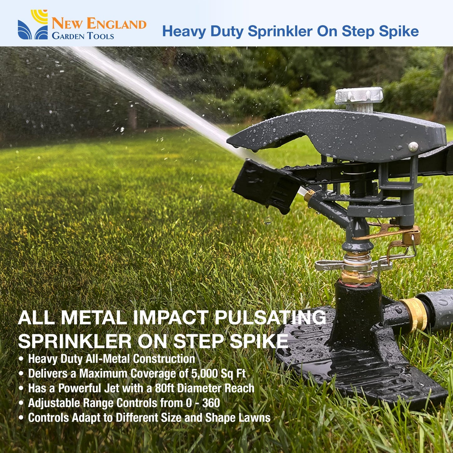 Heavy Duty Impact Pulsating Sprinkler 300004, Powerful Jet Reach 80 ft Diameter, 360° Range Control to Cover up to 5,000 Sq Ft for Farm, Lawn and Garden Irrigation, by New England Garden Tools