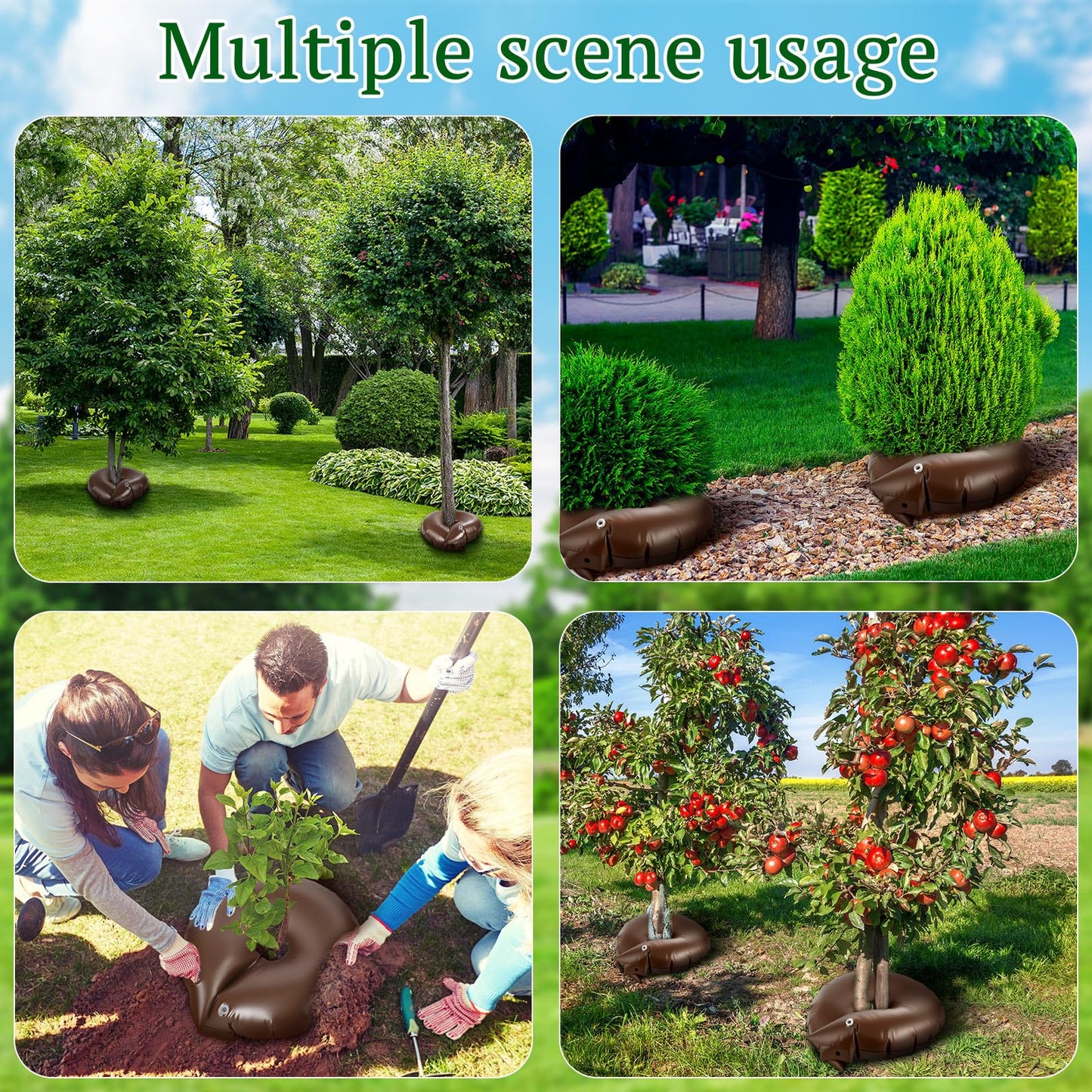 Sunnychicc 4 Set Tree Watering Ring 20gal Watering Bags with Coconut Fiber Mulch Ring – Deep Root and Slow Release Automatic Drip Irrigation System for New Trees, Multi-Trunk Trees and Shrubs