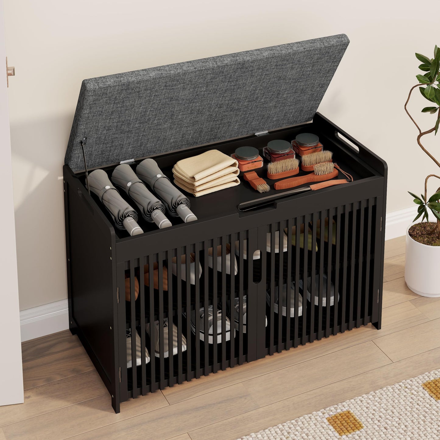WISUCART Shoe Storage Bench with Cushion Seat, Bamboo Entryway Shoe Rack Bench, 2-Tier Shoe Organizer for Entryway, Bedroom, Hallway, Living Room, Holds Up to 330 lbs, Black
