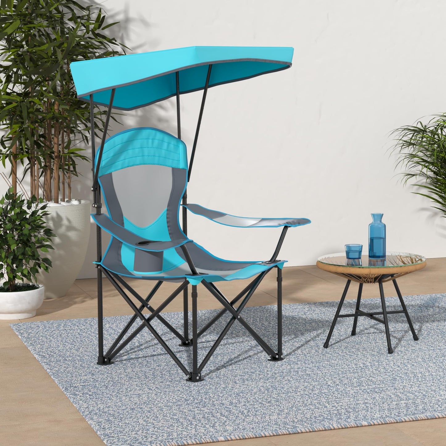 ALPHA CAMP Heavy Duty Canopy Camping Chair, 350 lbs Capacity Oversized Folding Chair with Adjustable Sunshade, Portable Sunshade Chair with Cup Holder for Beach, Fishing, Outdoor, Enamel Blue