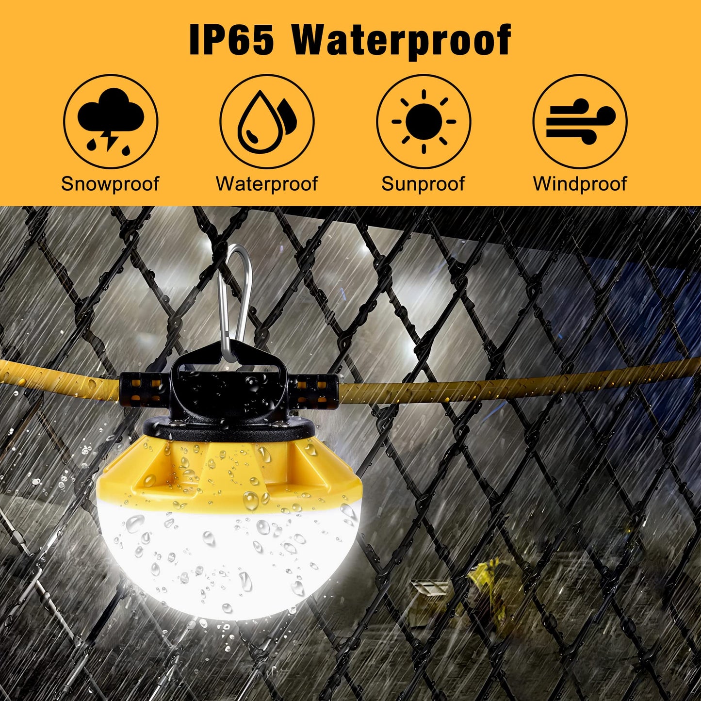 G GJIA 100FT Construction String Lights, IP65 Waterproof ETL Certified LED String Work Lights, 5000K Daylight 18AWG Wire Linkable Temporary Construction Lighting for Jobsite with 10 Bulbs & Hooks