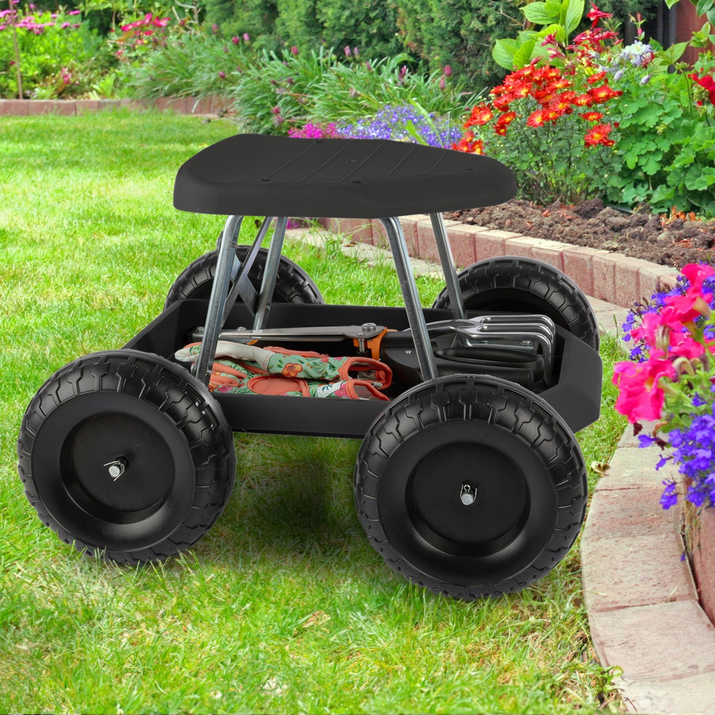 Gardening Stool - Rolling Garden Seat with Wheels and Storage Tool Tray - Garden Cart Scooter - Yard Tools by Pure Garden (Black)