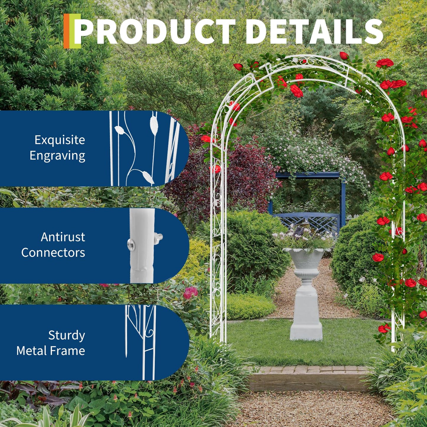 Jojoka White Metal Garden Arch Trellis 8.5FT, Rust-Resistant Steel Pergola Arbor for Climbing Plants Vines, Decorative Outdoor Archway for Lawn Patio Backyard and Wedding Pathways
