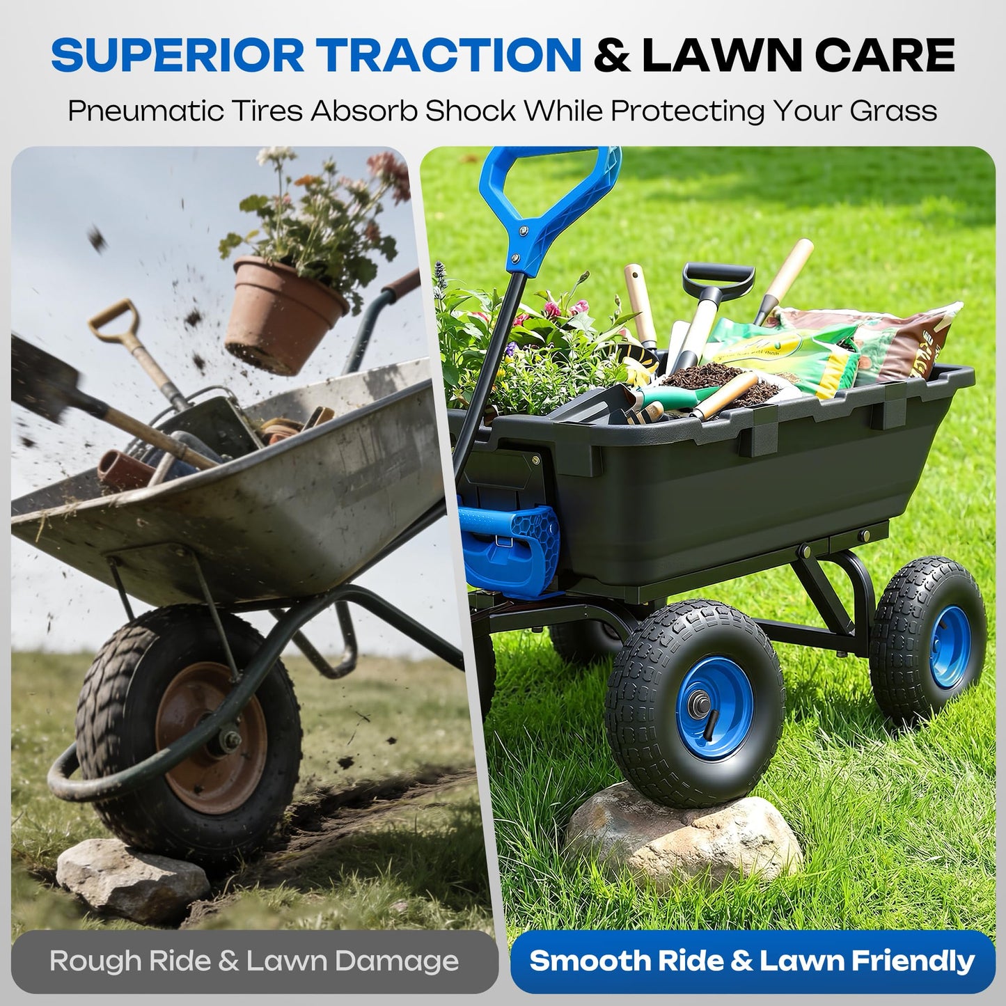 Autodaya 900LB Garden Dump Cart, 2026 Upgraded Heavy Duty Wheelbarrow Cart with 10" Non-Slip Pneumatic Tires & Quick-Release System, 4-Wheel Steel Frame Wagon for Transportation in Yard, Farm, Garden