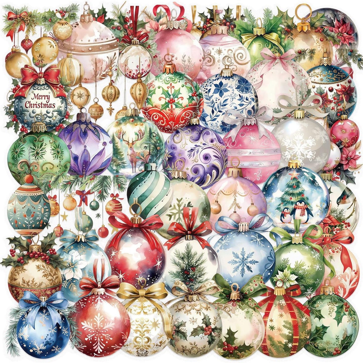 50 Pieces Christmas Themed Transparent Stickers for Scrapbooking, Ornament Ball Self-Adhesive Scrapbooking Stickers Supplies Journal Stuffers for Adult Card Making Letters DIY