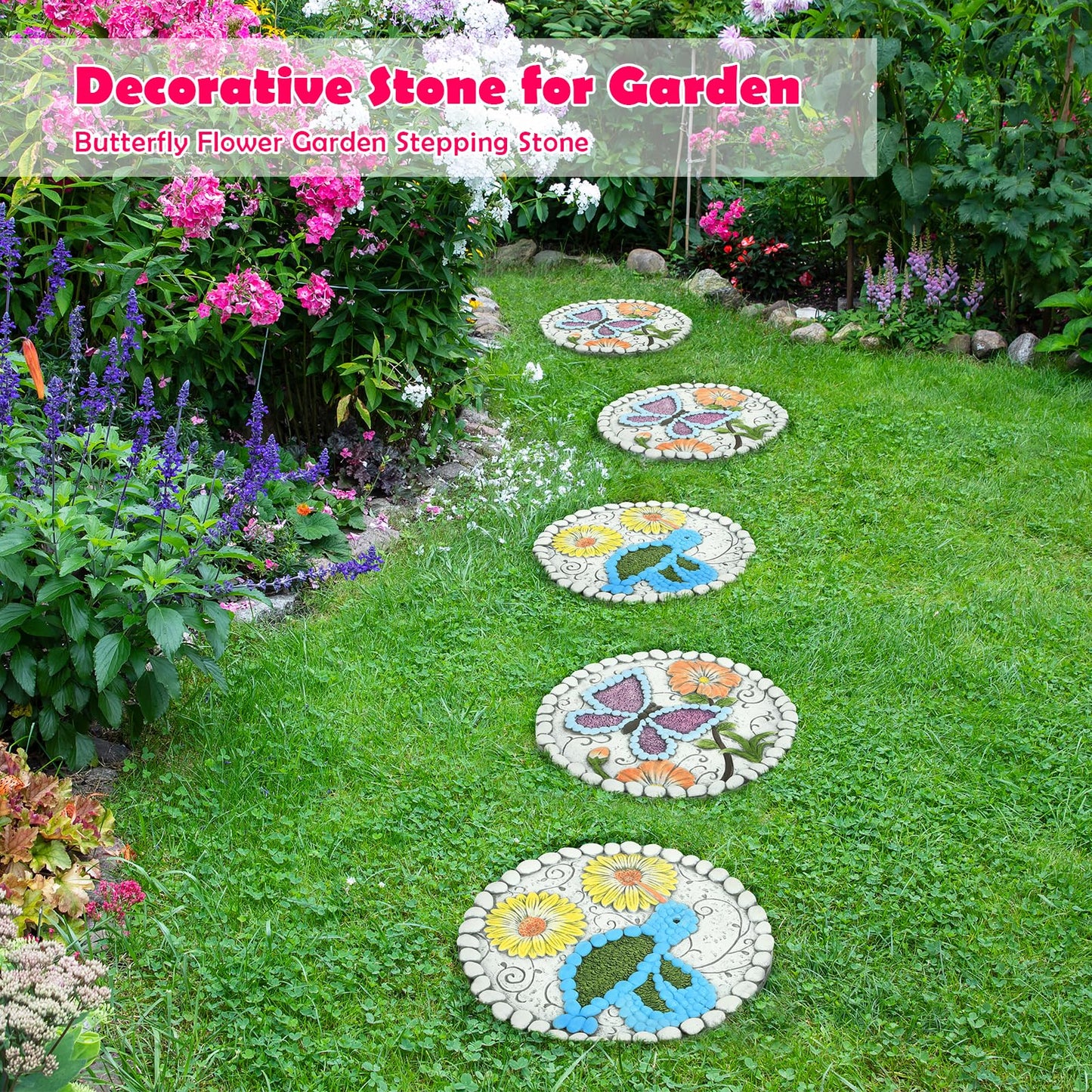 Garden Stepping Stones Set of 2 Butterfly Outdoor Garden Decor 10 inch Round Decorative Stones Pavers for Garden Walkway Landscaping, Hummingbird Gifts (N6-YYD334)