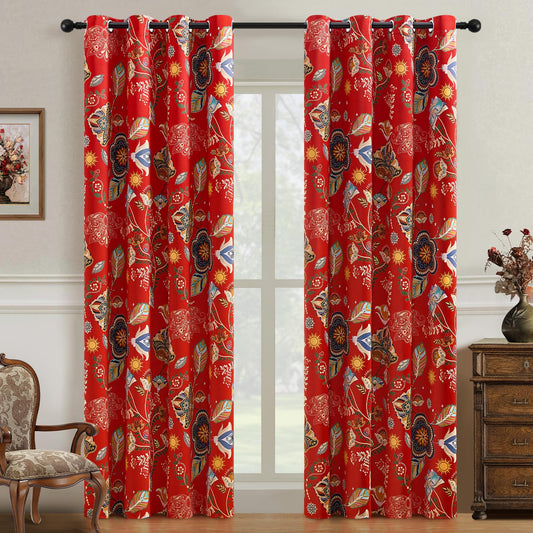 XiDi Red Floral Curtains 84 Inches Long 2 Panels 100% Blackout Vintage Leaf Patterned Curtains for Living Room Bedroom Thermal Insulated Room Darkening Luxury Colorful Drapes Grommet 52x84