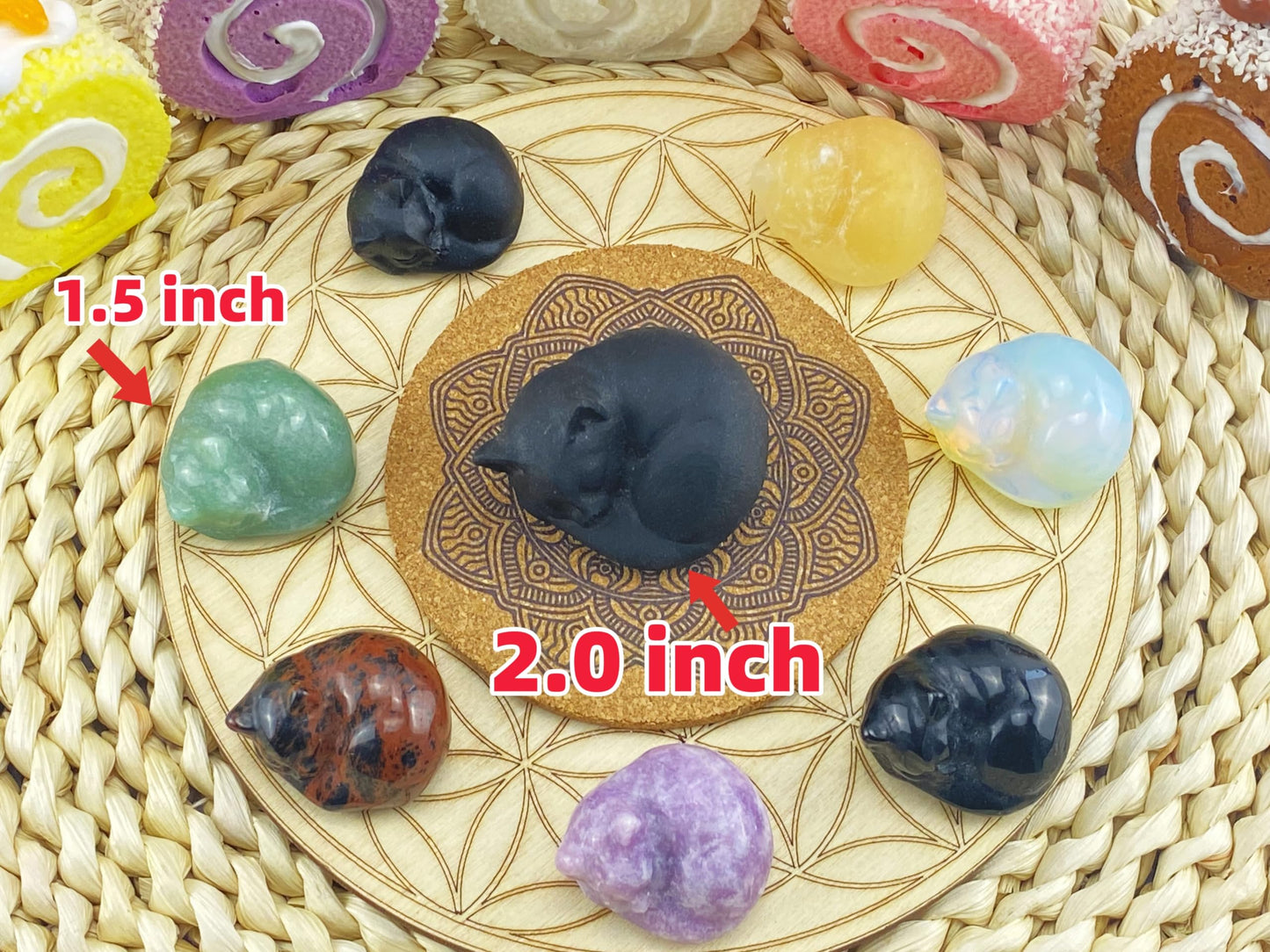 YATOJUZI 2" Cat Decors Statue Opal Moonstones Crystals Opalite Sleeping Cats Gemstone Hand-Carved Cute Animal Figurines Home Office Desk Decor Stocking Stuffers Cat Themed Ornaments Gifts for Women